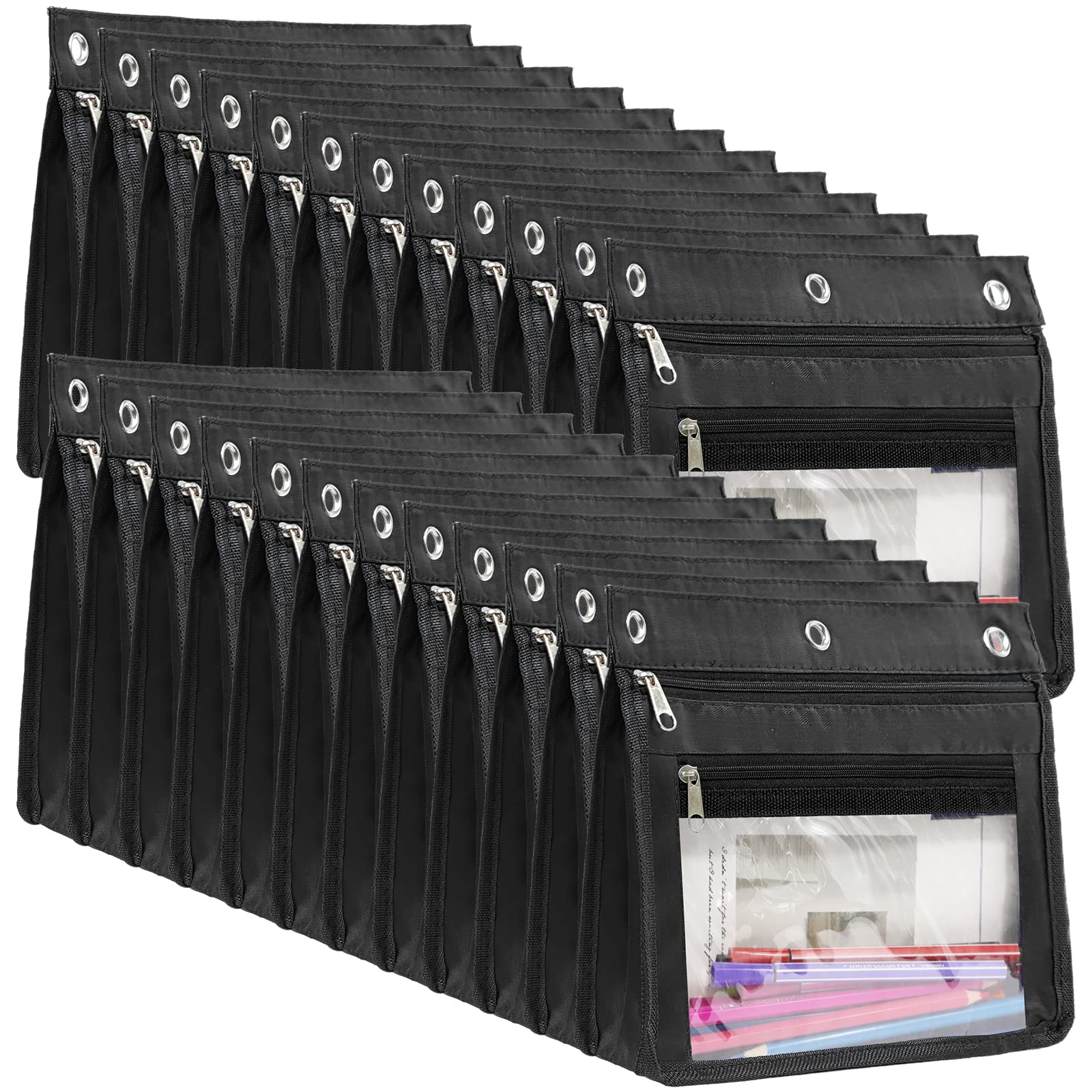 YoeeJob 24 Pack Pencil Pouch for 3 Ring Binder - Expandable Zippered Binder Pouches with Clear Window, Large Capacity Pen Holder Case for School, Office & Classroom Organization (Black) - Perfect for Students, Teachers & Professionals to Organize Supplies