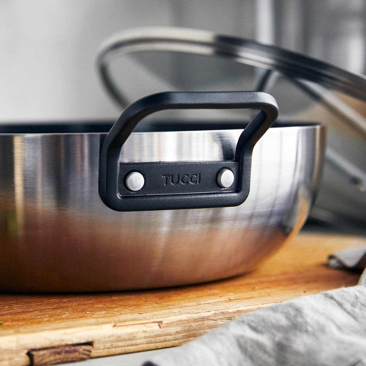 Stanley Tucci™ 6.5 Quart Stainless Steel Ceramic Nonstick Essential Stanley Pan with Glass Lid - Black Handle - Perfect for Sautéing, Frying & Slow Cooking Family Meals