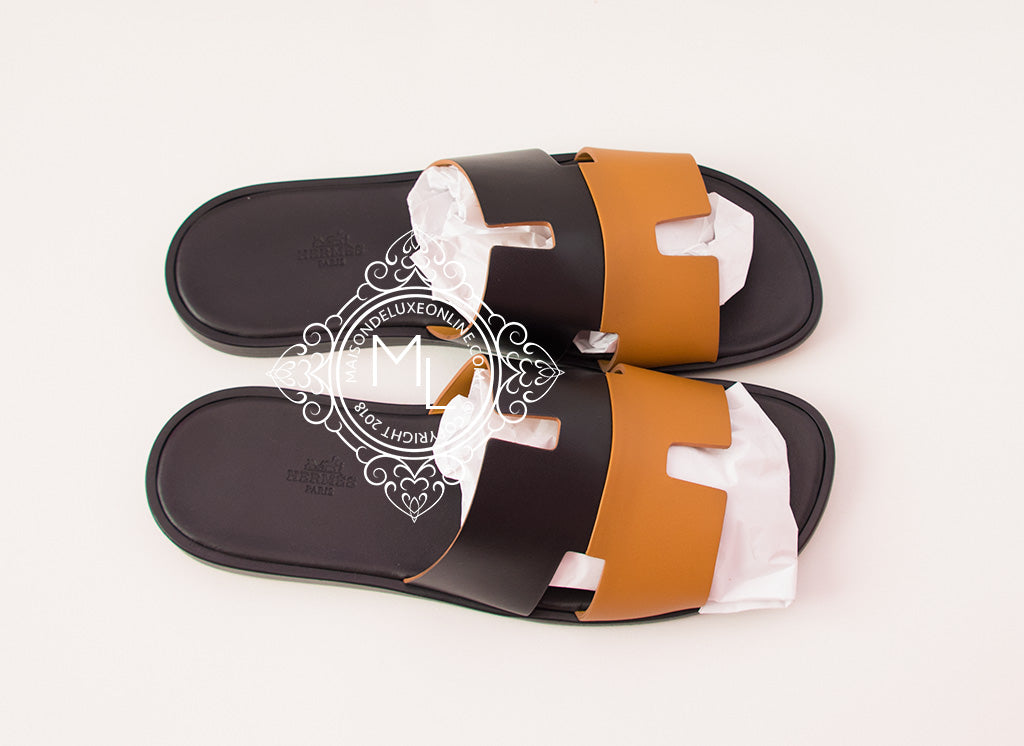Hermes Men's Black & Natural Izmir Sandal Size 44 - Premium Leather Summer Sandals for Men | Perfect for Beach, Vacation & Casual Wear