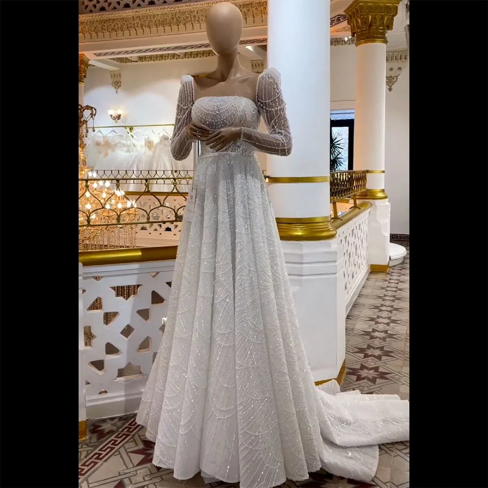 Elegant Dubai White A-Line Luxury Evening Dress with Pearl Beading - Long Sleeve Women's Gown for Weddings, Parties & Special Occasions | Perfect for Bridal Showers, Galas & Formal Events