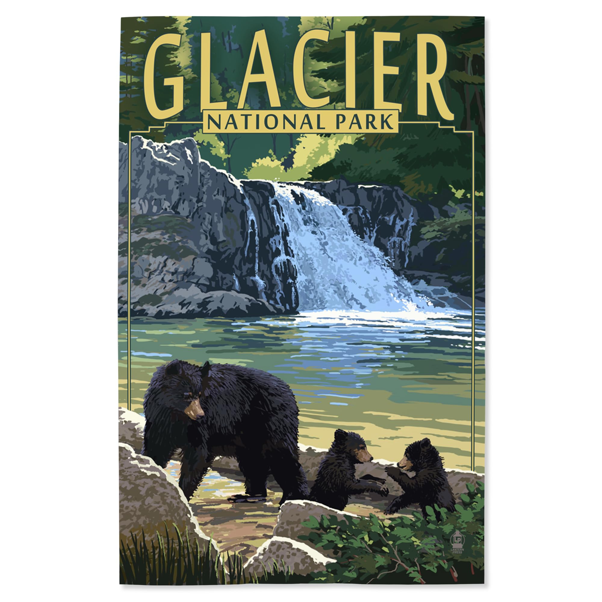 Lantern Press 16x24 Inch Giclee Art Print - Glacier National Park Landscape with Bear Family and Waterfall - Perfect for Home Decor, Office Wall Art & Nature Lovers Gift