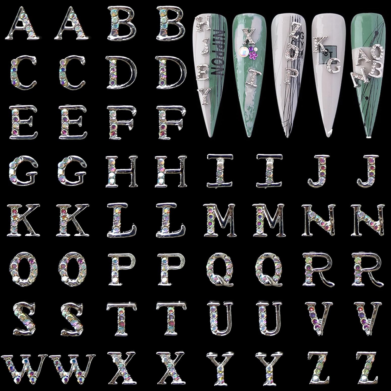 52PCS Silver Letter Nail Charms for Acrylic Nails - Y2K Cute Nail Rhinestones Decorations, Nail Art Jewels for Manicure DIY - Perfect for Party, Wedding, and Everyday Nail Art Designs