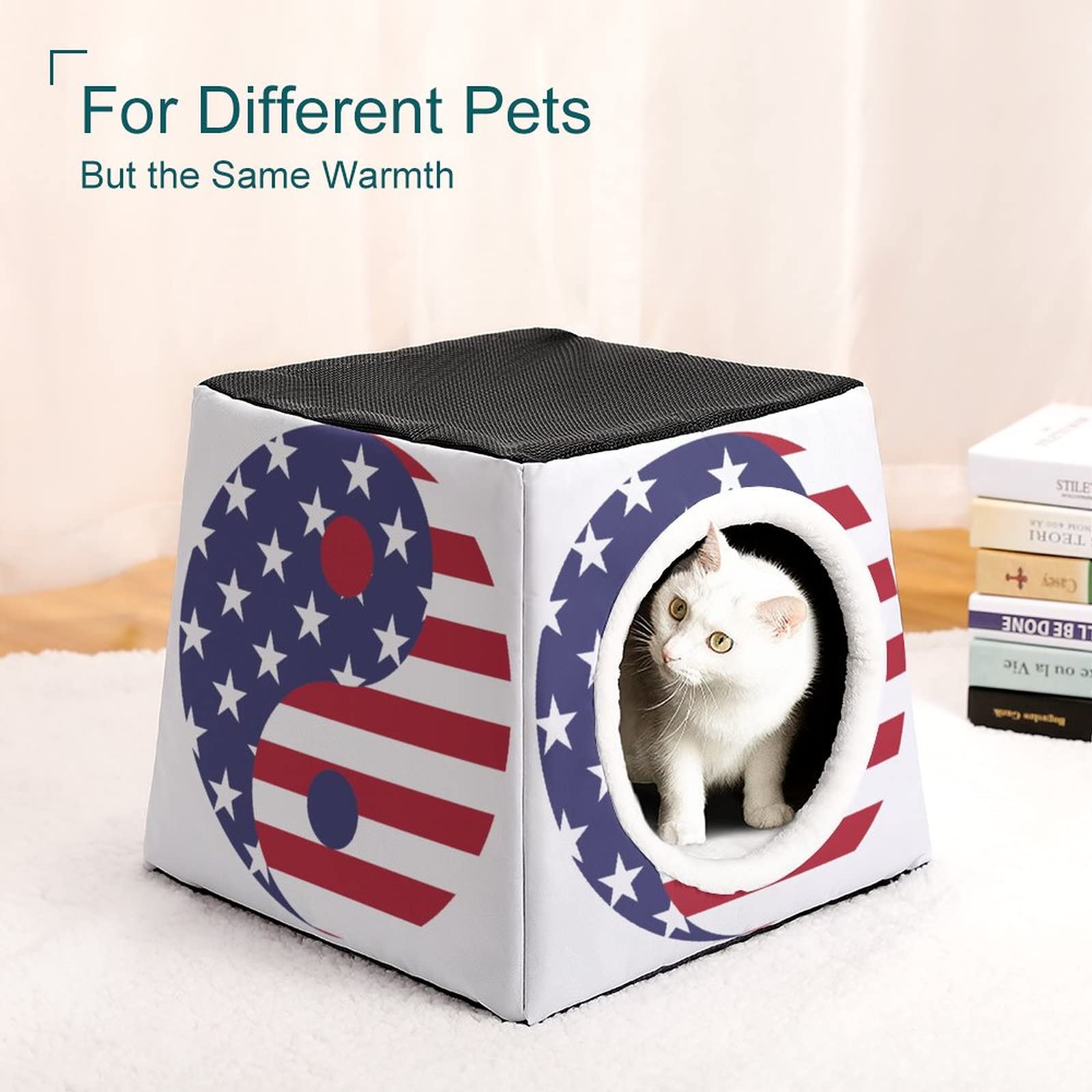3-in-1 Cat House with USA Flag & Taichi Print - Indoor/Outdoor Cat Bed, Sofa & Shelter for Kitties | Perfect for Home, Patio & Travel Use