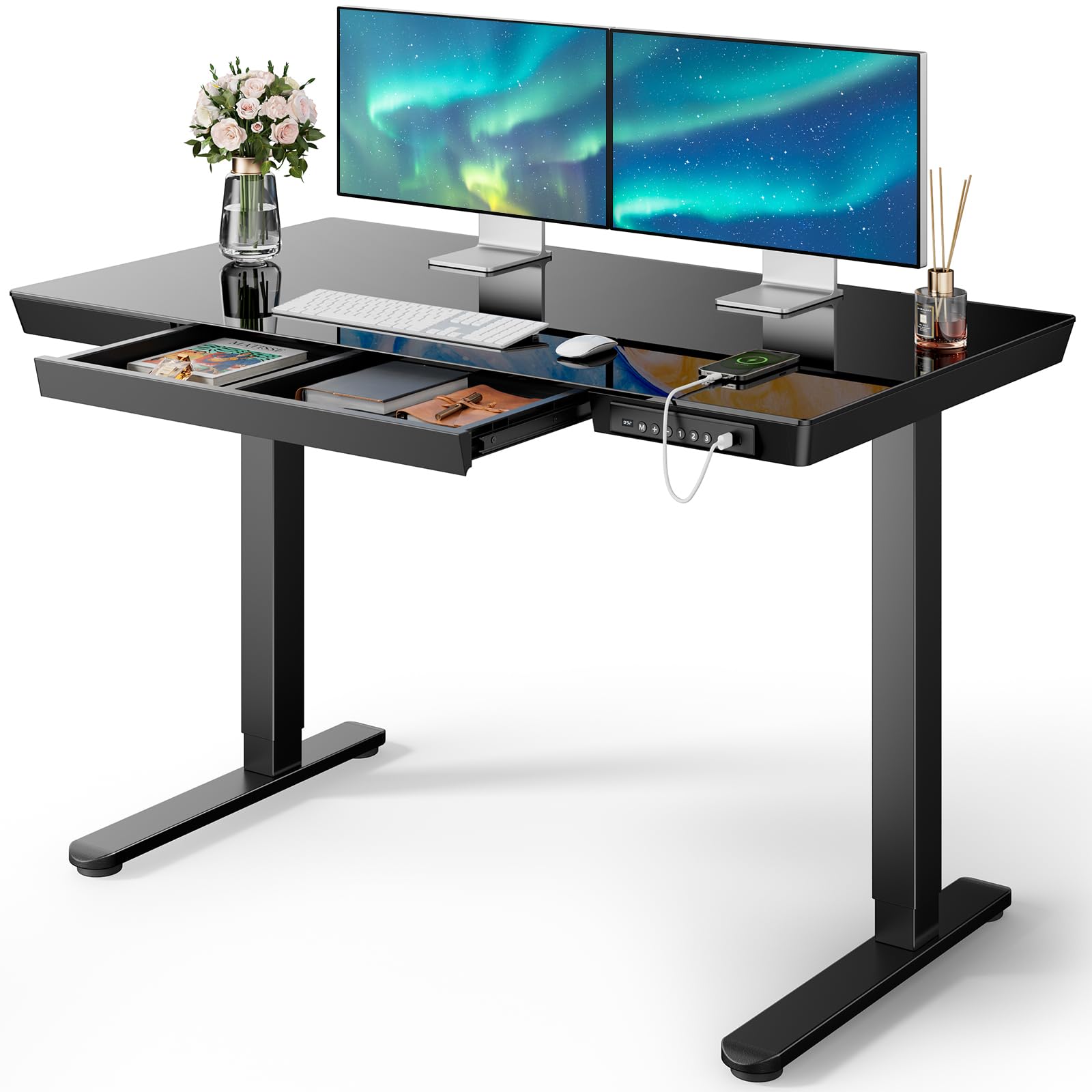 Marsail 48 x 24 Inch Electric Height Adjustable Standing Desk with Drawer Storage | One-Piece Tabletop & USB Charging Ports | Black Sit Stand Desk for Home Office & Gaming Workspace