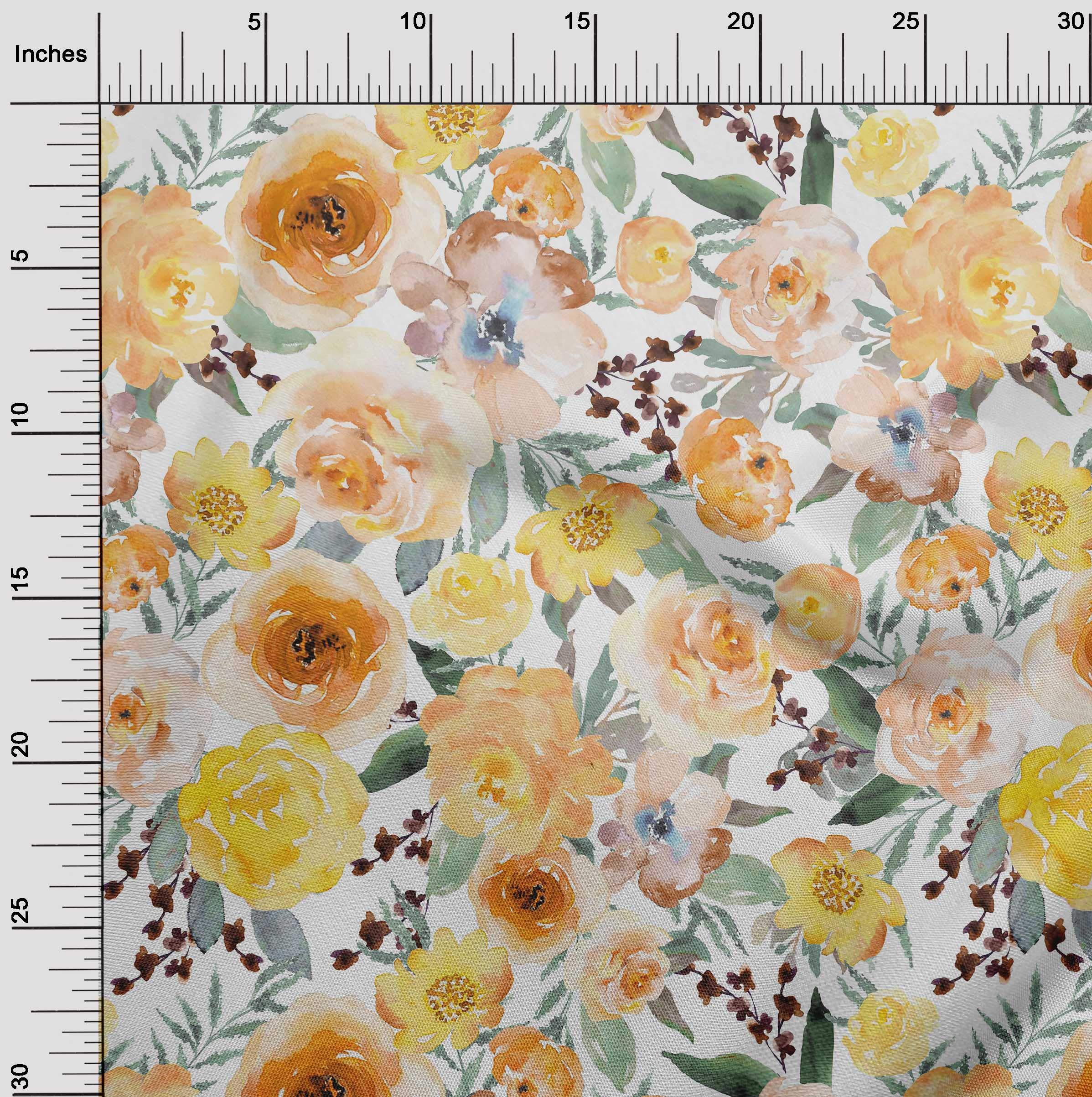 oneOone Cotton Poplin Fabric - Watercolor Leaves & Peony Floral Print - 42 Inch Wide Fabric by the Yard - Perfect for Dresses, Curtains & DIY Craft Projects
