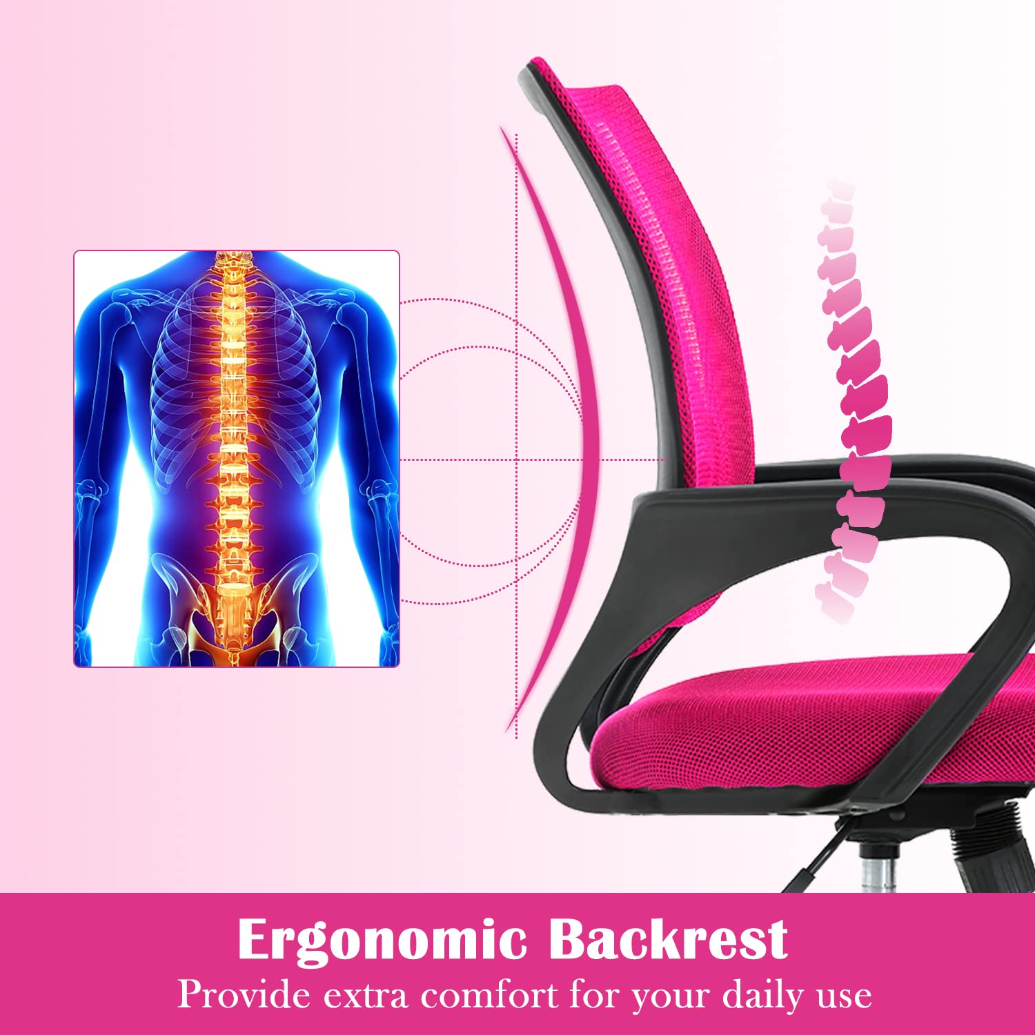 Ergonomic Pink Office Chair with Lumbar Support & Adjustable Armrests - Mesh Back Computer Desk Chair for Women, Mid Back Executive Task Chair with Rolling Swivel Base - Perfect for Home Office, Gaming Setup, and Kids Study Desk
