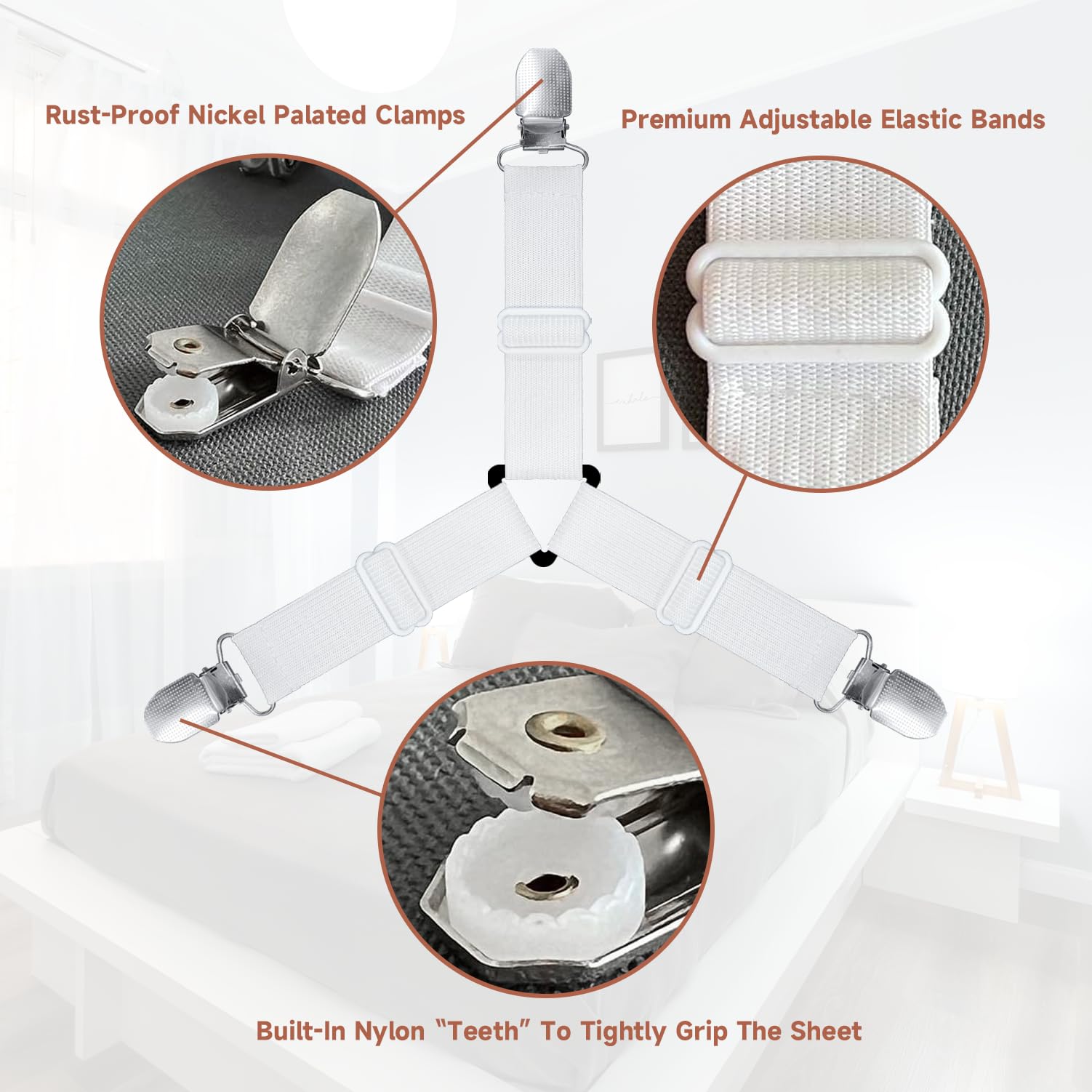 Upgraded Non-Slip Bed Sheet Straps - 4Pcs White Fitted Sheet Holders for Corners | Secure Your Sheets for Comfortable Sleep & Hotel-Style Bed Making