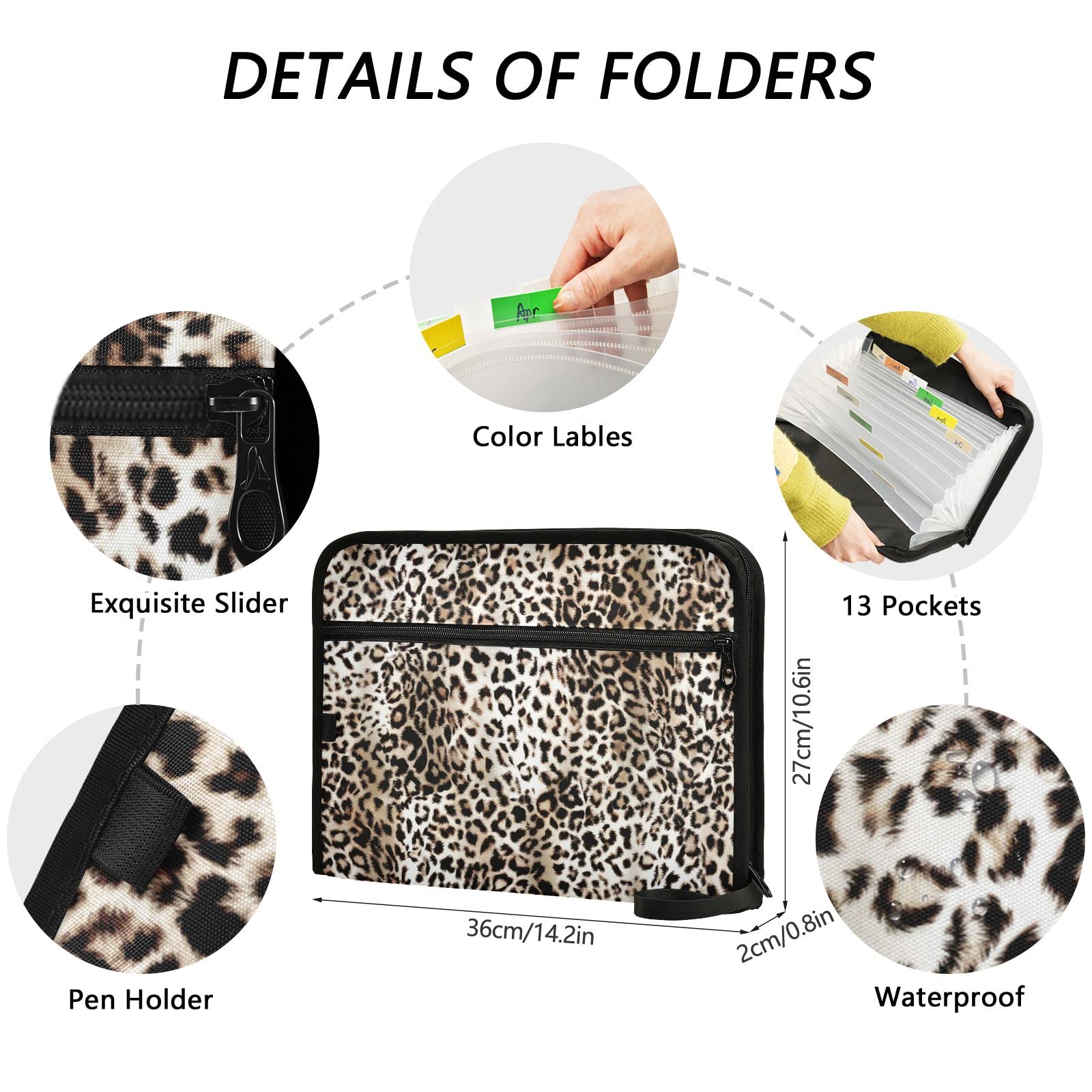 Kcldeci 13-Pocket Expanding File Folder - Leopard Print Accordion Organizer with Zipper Closure for A4/Legal Documents - Perfect for Office, School & Home Organization (Letter Size)