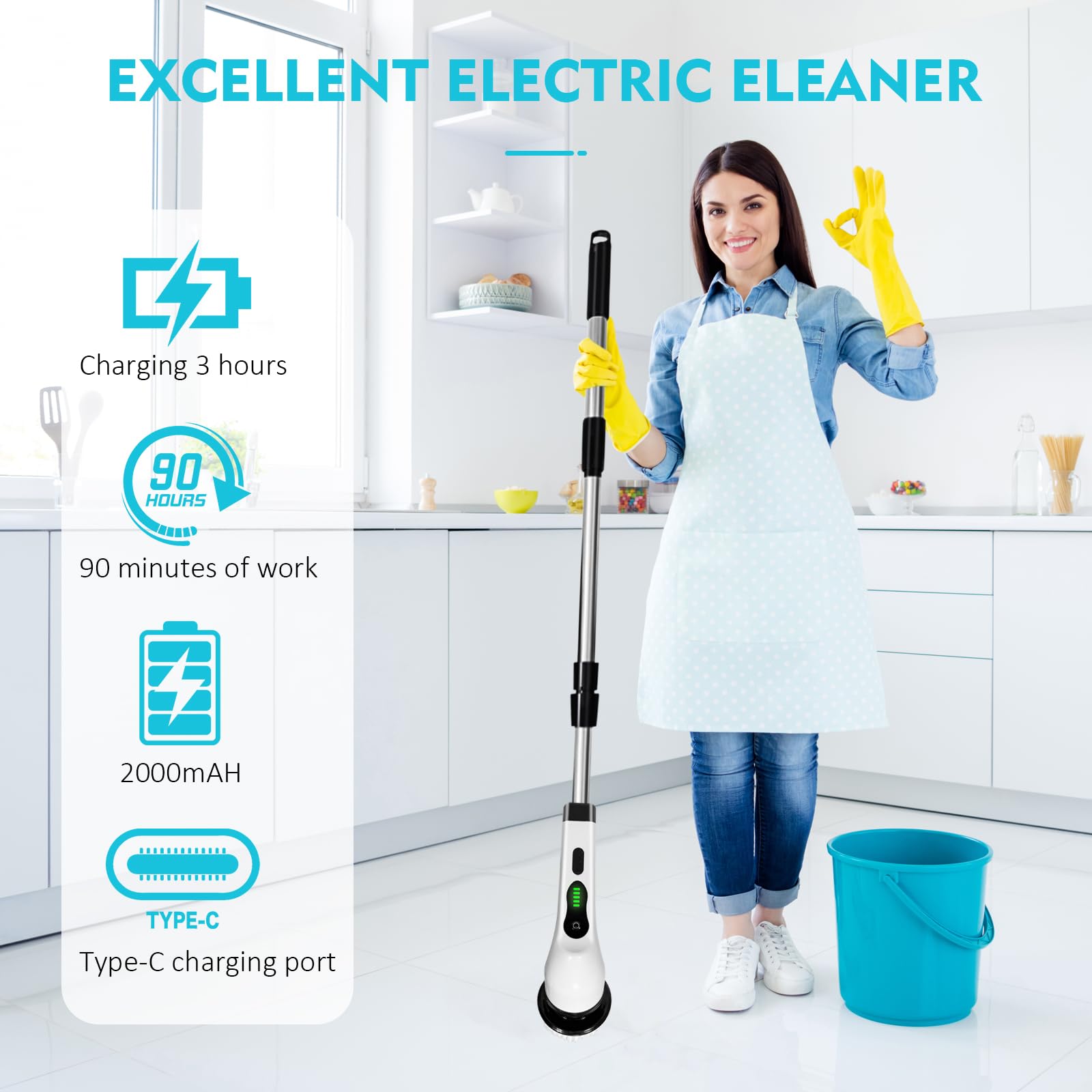 Electric Spin Scrubber with 9 Replacement Heads & Extendable Handle - Power Cleaning Brush for Bathroom, Kitchen, Tile, Floor, Tub, Car - Perfect for Deep Cleaning Showers, Sinks, Grout & Vehicle Interiors