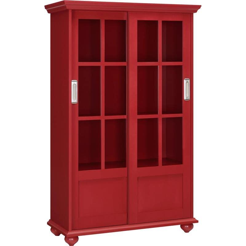 Ameriwood Home Aaron Lane Bookcase with Sliding Glass Doors - Red Wooden Bookshelf for Living Room, Office & Home Decor Storage Solution
