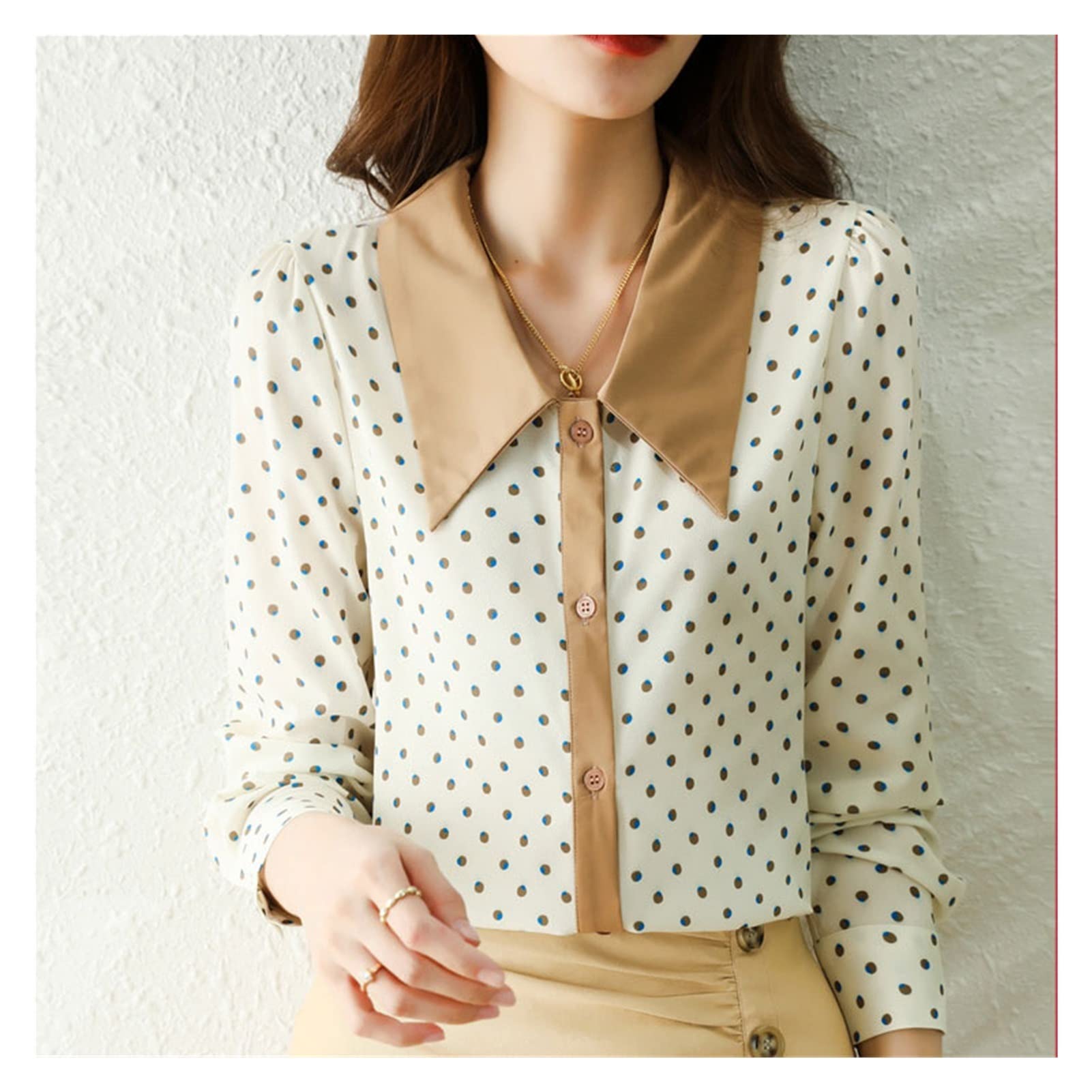 Women's Long Sleeve Chiffon Blouse with Turn Down Collar & Polka Dot Pattern - Elegant Casual Tops for Office, Date Night & Special Occasions (Color: A, Size: L)