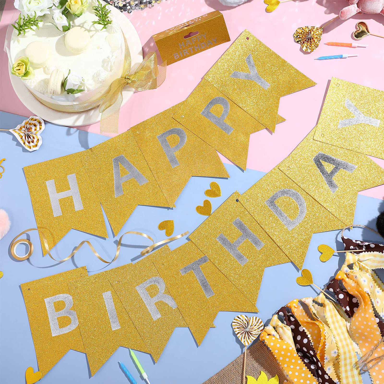 Happy Birthday Banner with Glitter Letters - Gold Shiny Birthday Hanging Sign for Party Decorations | Perfect for Birthday Parties, Baby Showers & Anniversary Celebrations