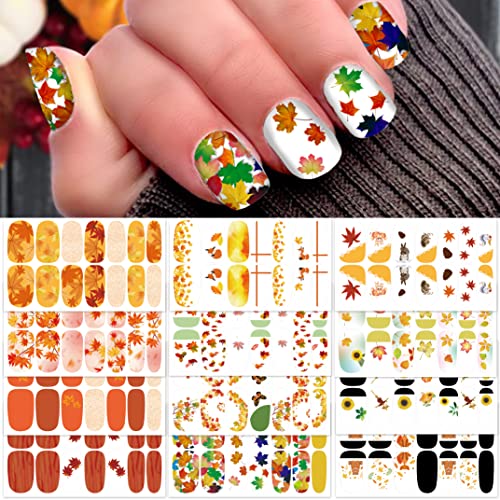TailaiMei 12 Sheets Fall Nail Wraps Stickers - Autumn Maple Leaf Design Self-Adhesive Nail Polish Strips with 2 Nail Files - Perfect for Thanksgiving, Halloween, Christmas DIY Nail Art & Seasonal Party Nail Decoration