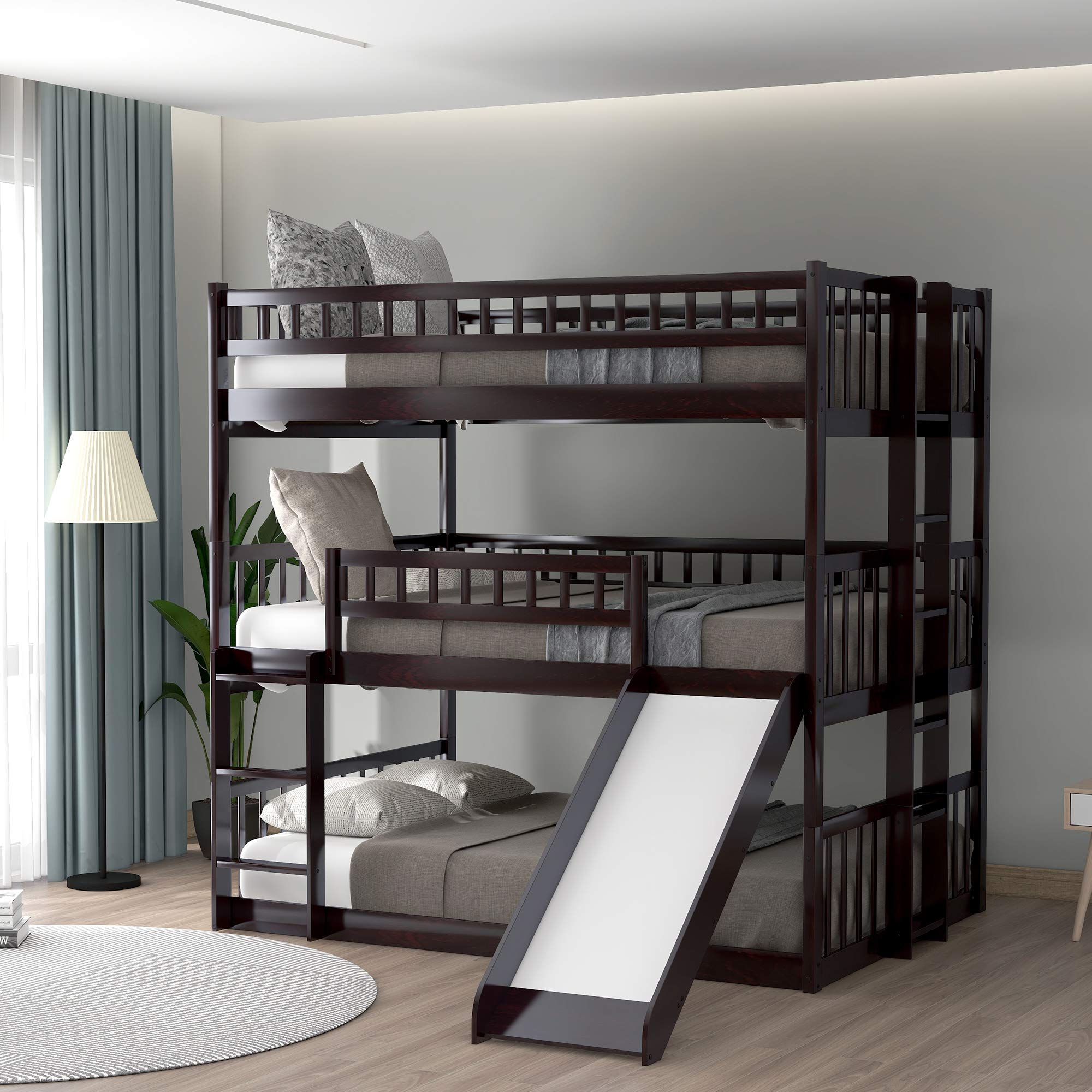 Triple Bunk Bed with Slide - Full Over Full Over Full Wooden Bunk Bed with 2 Ladders - No Box Spring Needed - Perfect for Kids, Teens & Family - Space Saving Bunk Bed for Small Rooms, Dorms & Vacation Homes