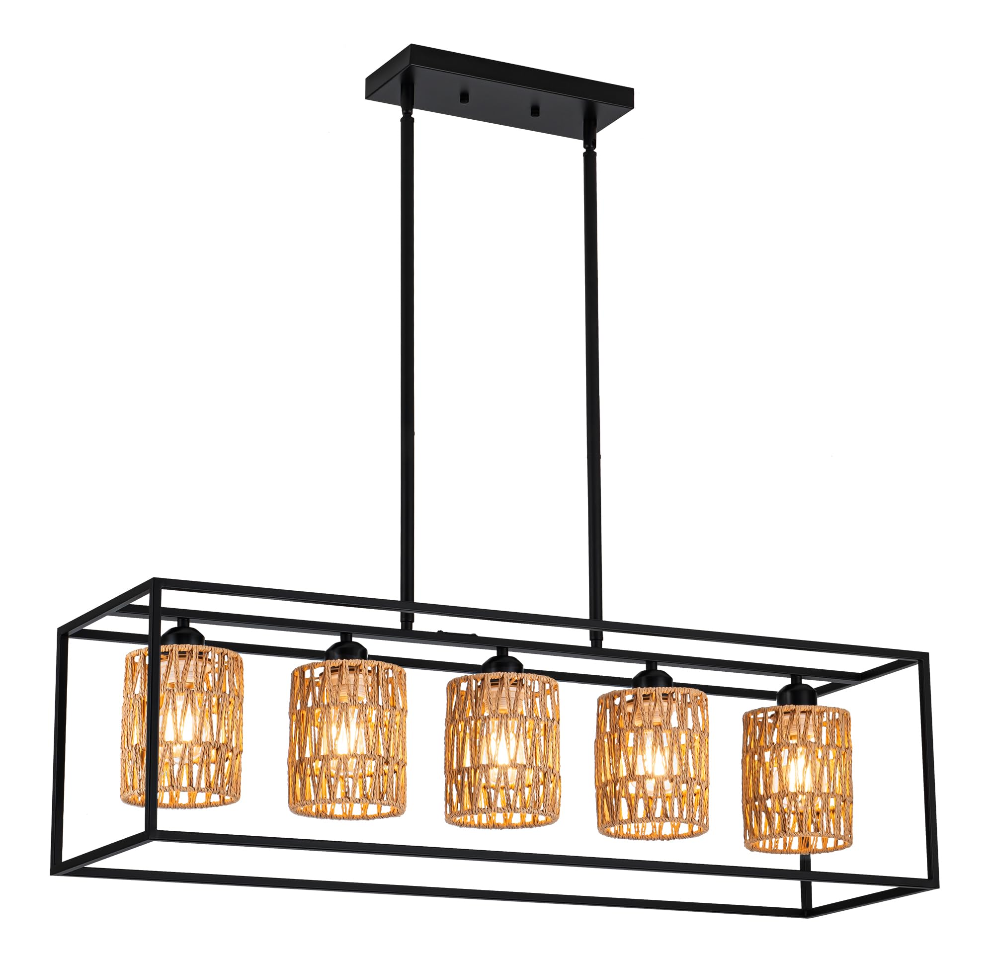 Rattan Kitchen Island Lighting - 5-Light Boho Chandelier for Dining Room & Kitchen Table - Modern Rustic Hanging Light Fixture - Farmhouse Pendant Lights for Kitchen Island & Breakfast Nook - Perfect for Boho, Farmhouse & Rustic Home Decor