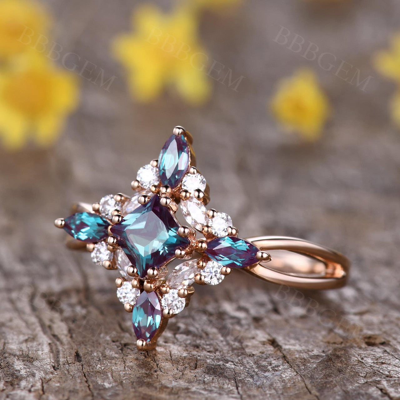 Vintage French Princess Cut Lab Alexandrite Infinity Crossover Ring Cluster Diamond - Elegant Engagement, Wedding, Anniversary Jewelry Gift for Women