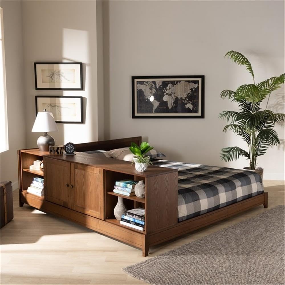 BOWERY HILL Queen Size Platform Storage Bed - Solid Walnut Brown Wood Frame with Underbed Storage | Modern Bedroom Furniture for Small Spaces & Guest Rooms