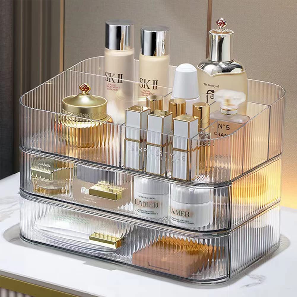 Clear Acrylic Makeup Organizer with Stackable Drawers - Large Cosmetic Storage for Vanity, Skincare, Lipsticks, Eyeshadow Palettes & Nail Care - Perfect for Dresser, Bathroom Countertop & Travel Beauty Organization
