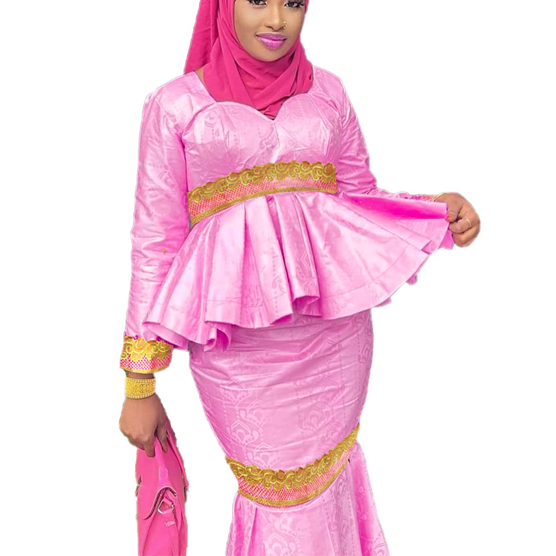 African Bazin Dress Set - Pink Long Sleeve Top & Wrap Skirt Mix Size | Nigerian Women's Wedding & Party Gown | Perfect for Traditional Ceremonies, Cultural Events & Special Occasions