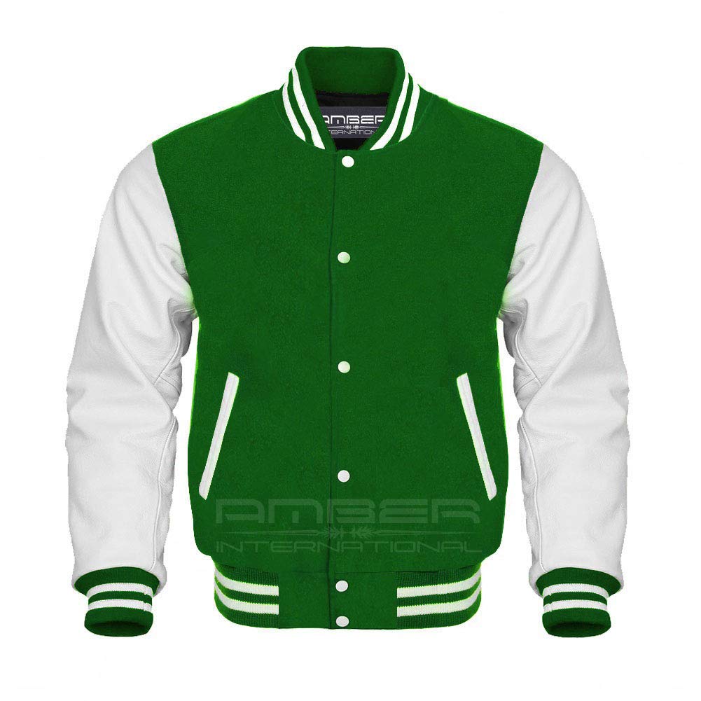AMBER Letterman Baseball Varsity Jacket - White Leather Sleeves & Green Wool Body | Vintage Style College Jacket for Men & Women | Perfect for Sports Events, School Spirit Days & Casual Outfits