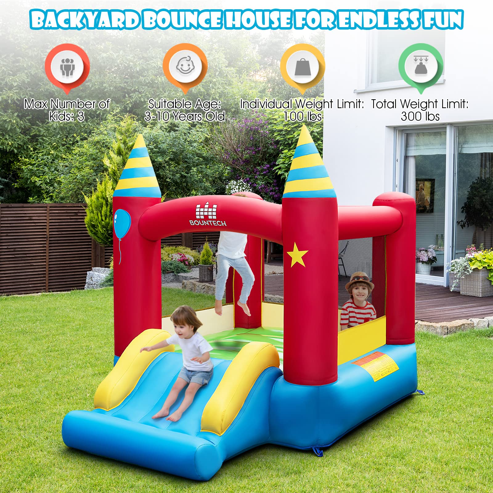 BOUNTECH Inflatable Bounce House for Kids 3-6 Years - Large Jumping Area with Slide | 480W Blower | Indoor & Outdoor Bouncy Castle for Toddler Boys & Girls | Perfect for Birthday Parties, Backyard Fun, and Family Gatherings