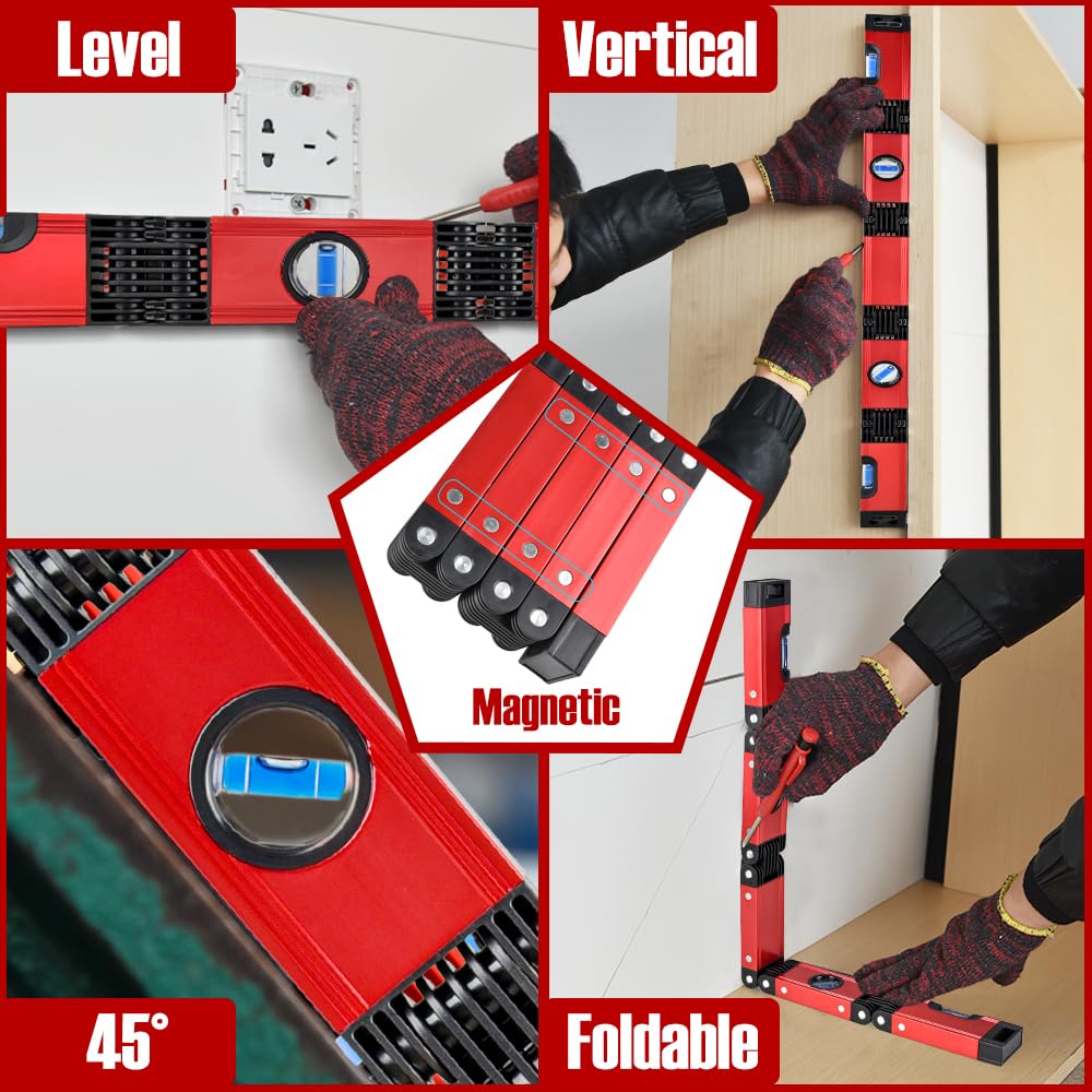 **EWK-RLALR 28 Inch Aluminum Alloy Level Tool - Foldable, Multi-Function, 4 Bubble Vials, Precise Measuring for Carpentry & Woodworking - Perfect for DIY Projects, Home Renovation & Construction**