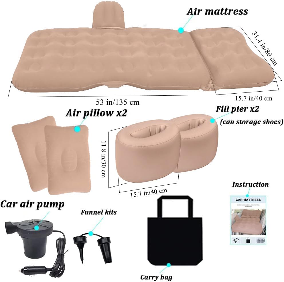 SAYGOGO Inflatable Air Mattress with Built-in Pump - Extra Thick Portable Travel Bed for Camping, Road Trips & Home Guests - Includes 2 Pillows for Car, SUV, Tent & Back Seat (Beige) | Perfect for Outdoor Adventures & Emergency Sleeping Solutions