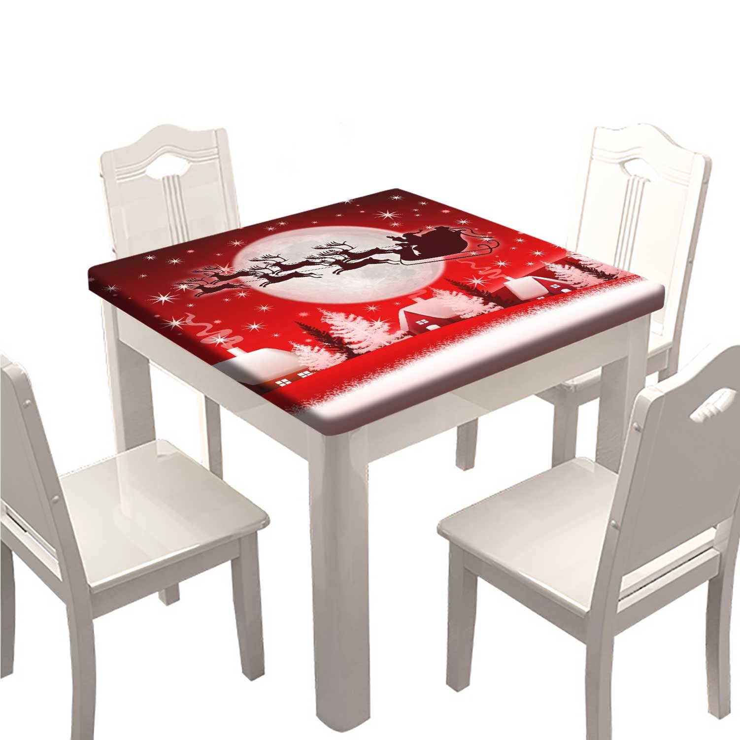 Red Santa & Reindeer Christmas Square Fitted Tablecloth - Polyester Elastic Edge Table Cover 24x24 Inch, Wrinkle & Dust Proof for Holiday Dining, Home Decor, Garden, Patio and Picnic Use