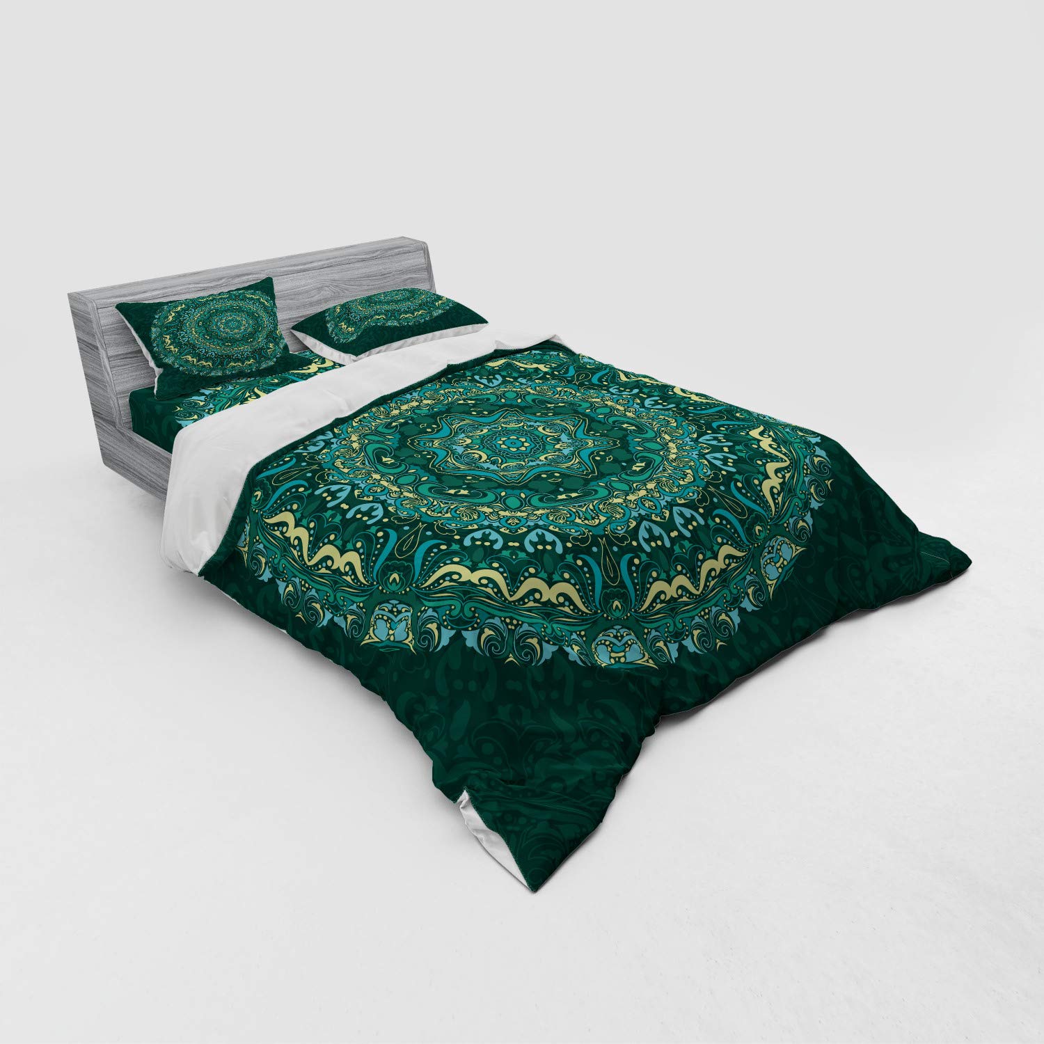 Ambesonne Mandala Duvet Cover Set - Queen Size 4-Piece Bedding with Shams & Fitted Sheet, Teal Retro Design with Eastern Swirling Leaf Patterns | Perfect for Boho Chic Bedrooms, Meditation Spaces & Spiritual Home Decor