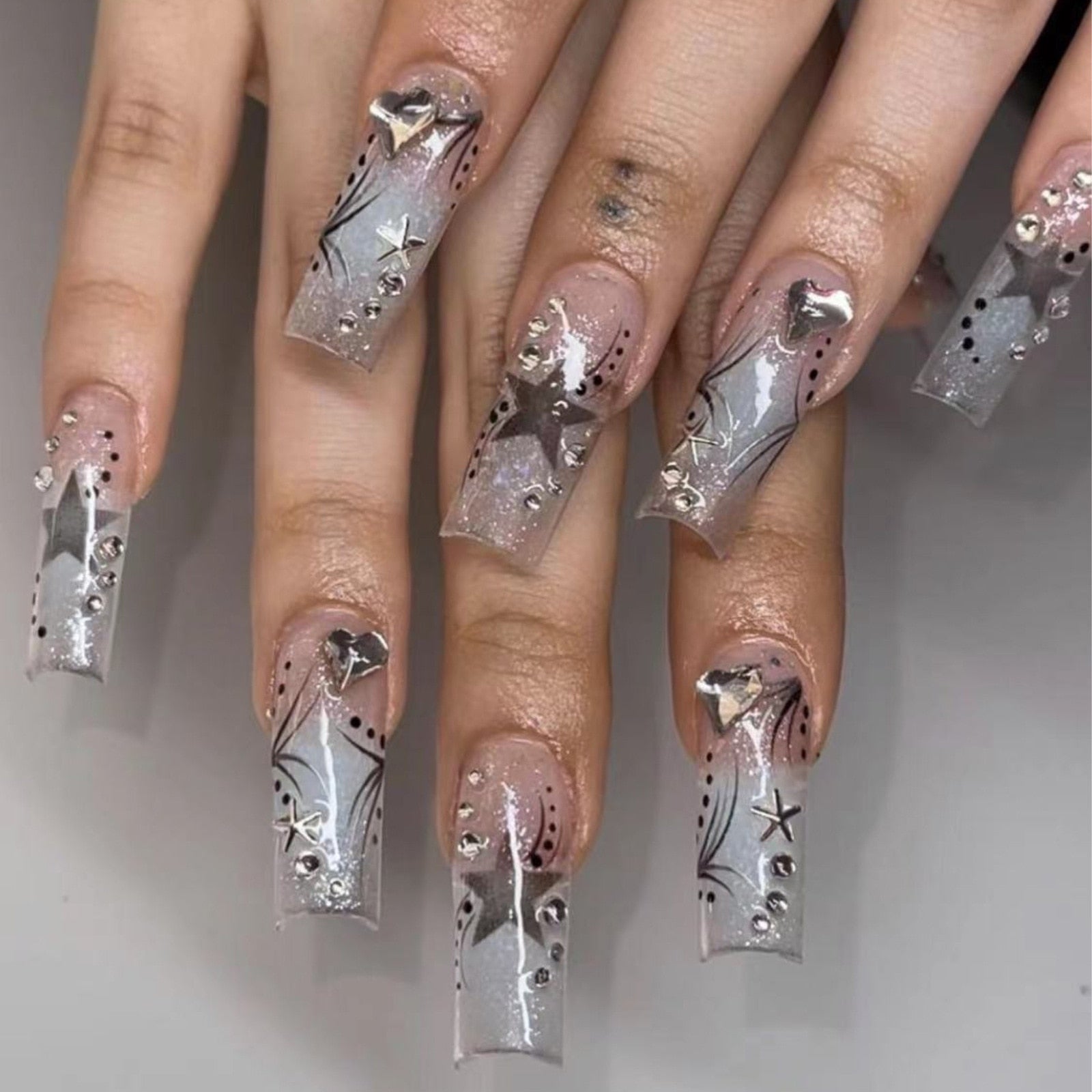 24Pcs Pink French False Nails with Rhinestones - Acrylic Fake Nail Tips, Detachable Coffin Press on Nails for Full Cover Manicure - Perfect for Parties, Weddings & Special Occasions