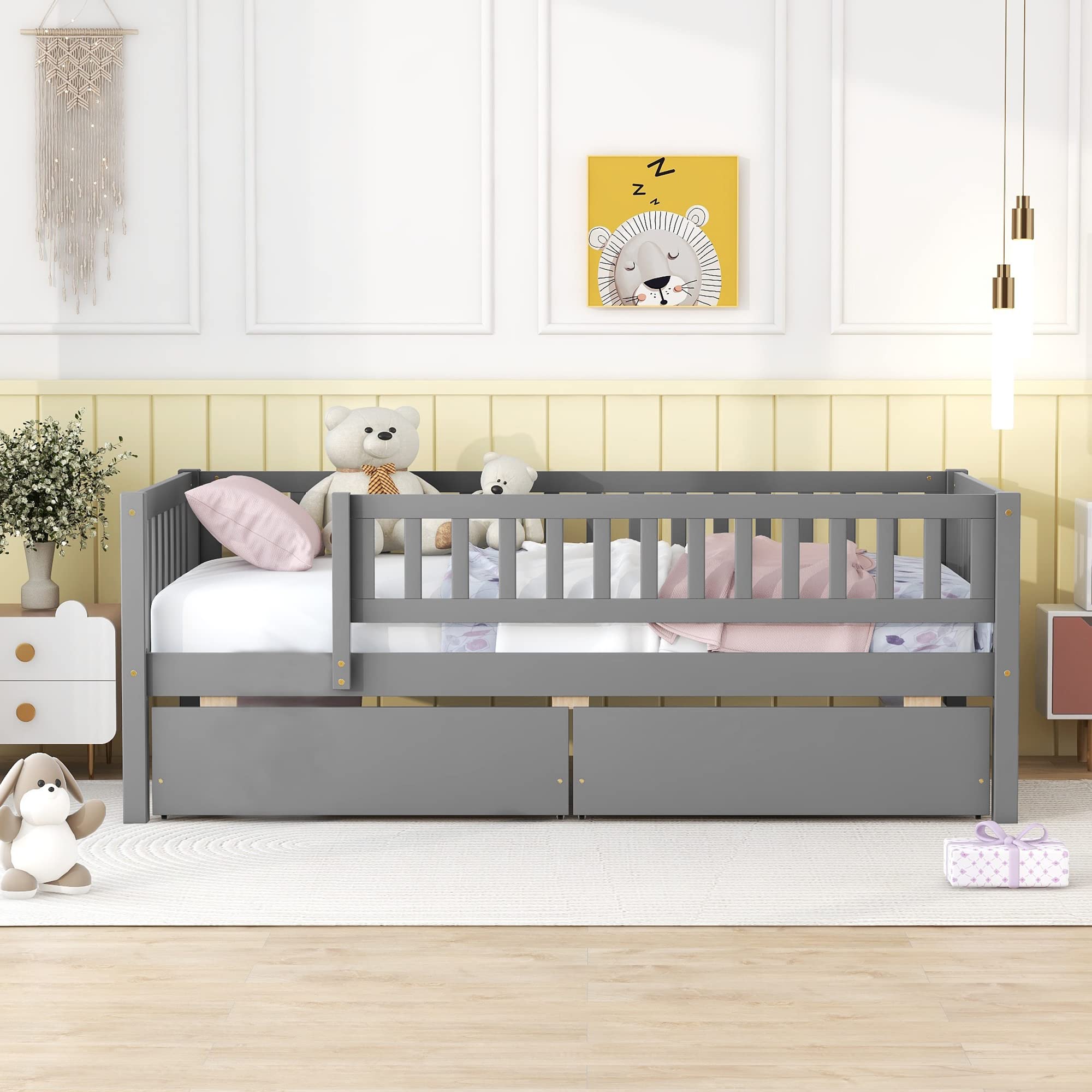 Harper & Bright Designs Twin Size Daybed with Storage Drawers - Wooden Kids Twin Platform Bed Frame with Safety Rails, No Box Spring Required, Easy Assembly (Gray) - Perfect for Kids' Bedrooms, Guest Rooms & Small Spaces