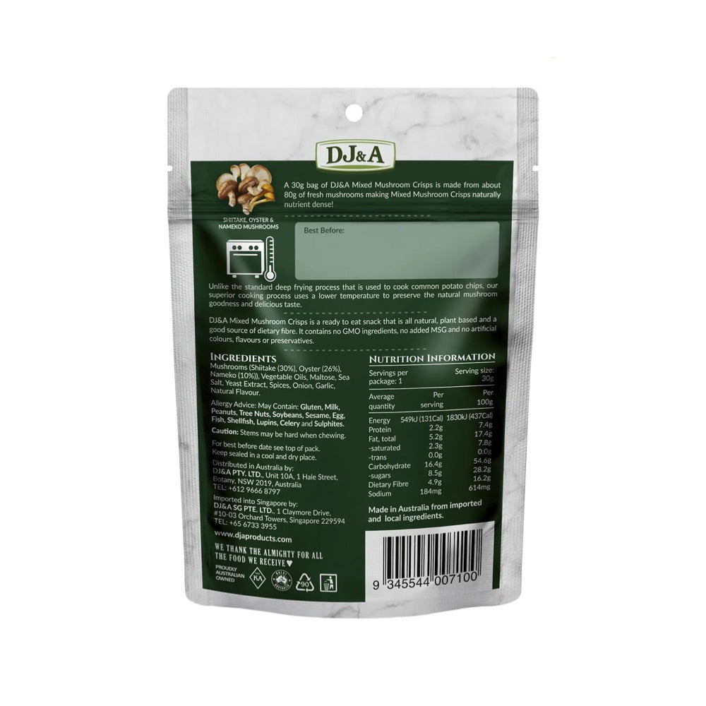 DJ&A Mixed Mushroom Crisps - 12 Pack (30g Each) | Healthy Vegan Snacks | Gluten-Free & Non-GMO | Perfect for Hiking, Travel & Office Snacking