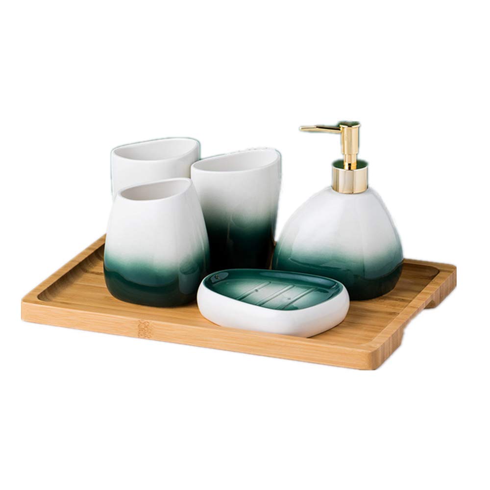 Gogh Wooden Bathroom Accessories Set - Includes Soap Dispenser, Soap Dish, Toothbrush Holder & Tray - Modern Vanity Countertop Organizer for Home Decor (Perfect for Spa-Style Bathrooms & Guest Bath Essentials)