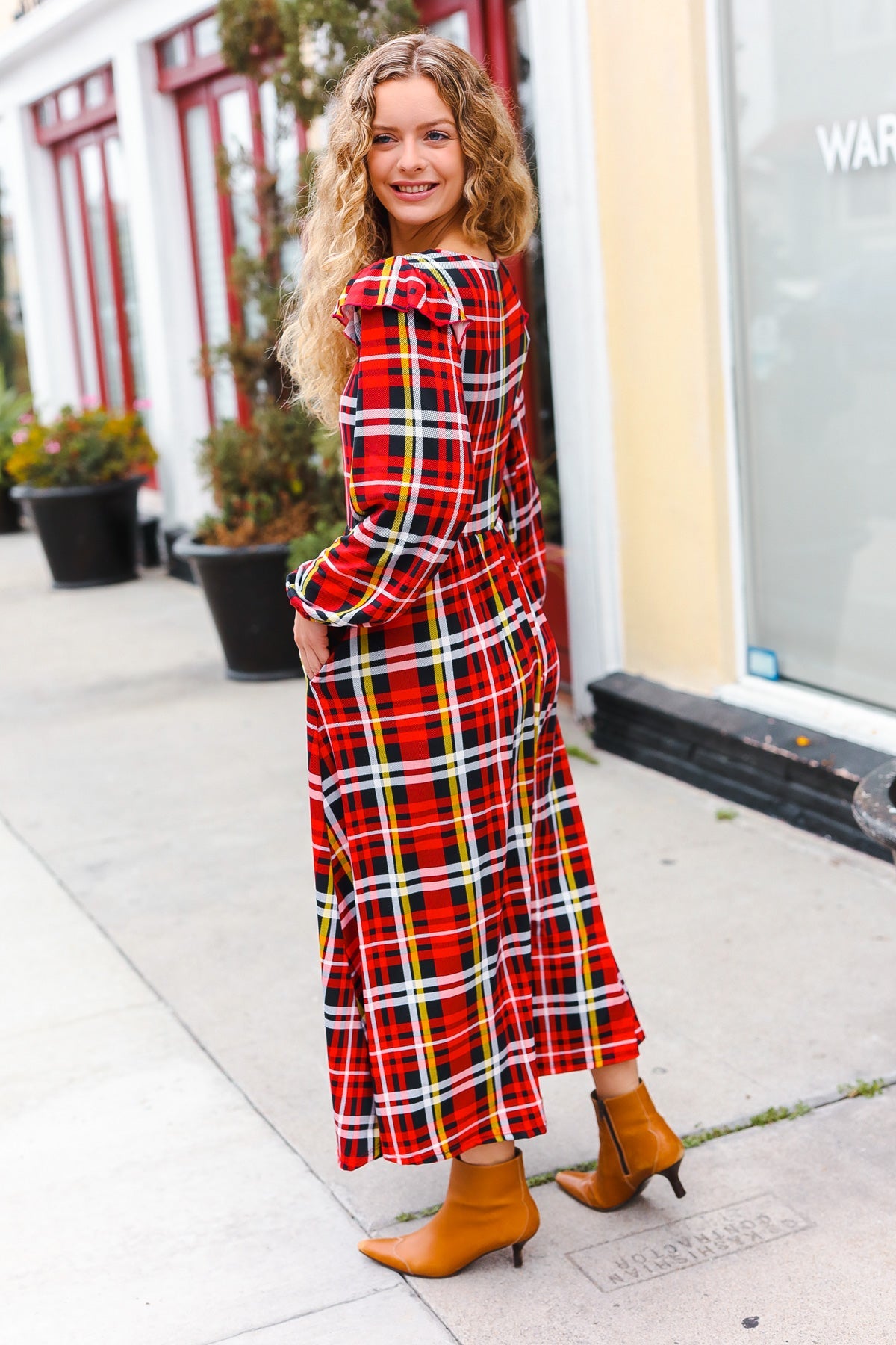 Stylish Red Plaid Fit & Flare Midi Dress with Ruffle Details - Perfect for Holiday Parties, Date Nights & Office Wear