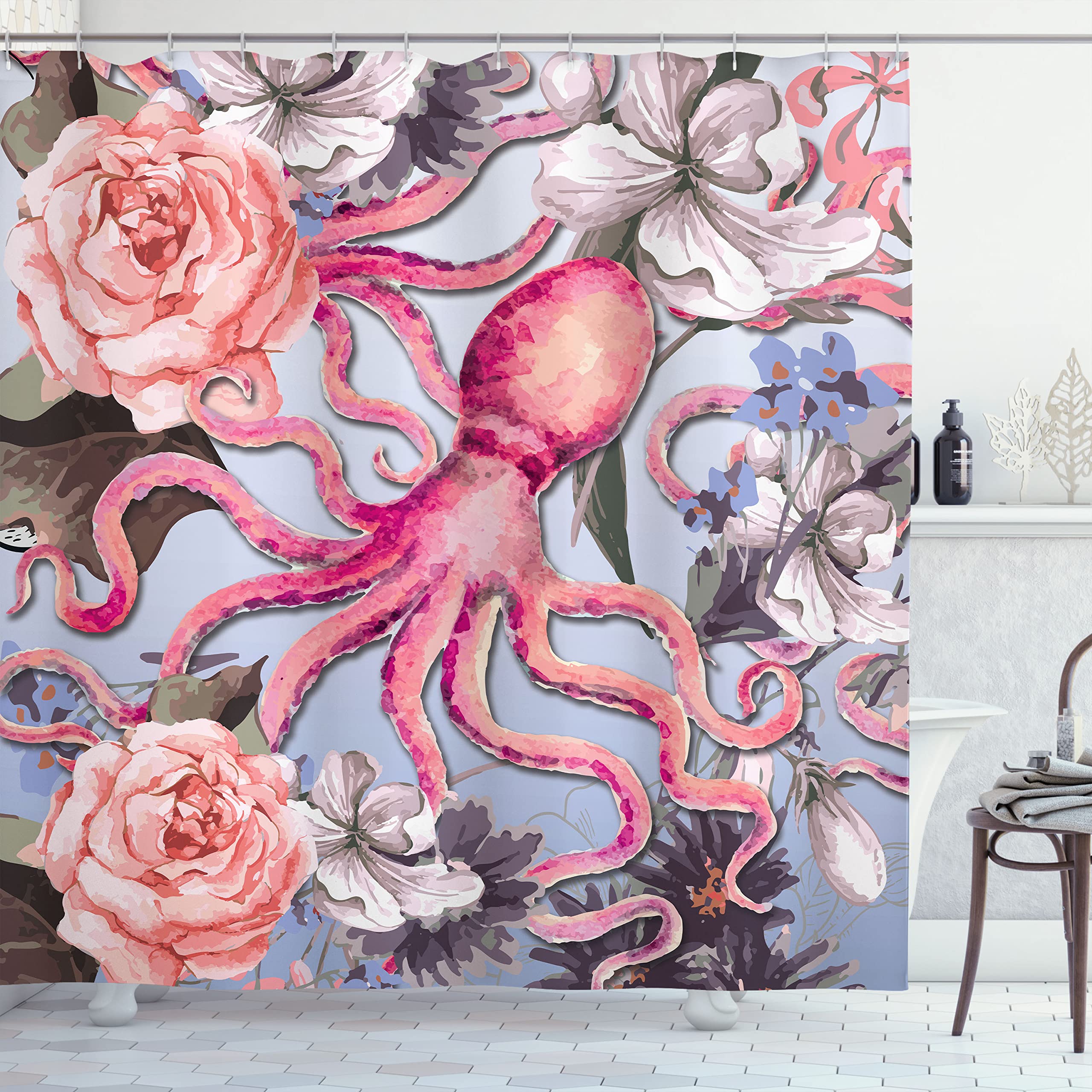 Ambesonne Octopus Shower Curtain - Watercolor Vintage Design with Floral Patterns, 69x70 Inch Fabric Bathroom Decor with Hooks | Coral Eggplant Color | Perfect for Coastal, Nautical or Boho Style Bathrooms