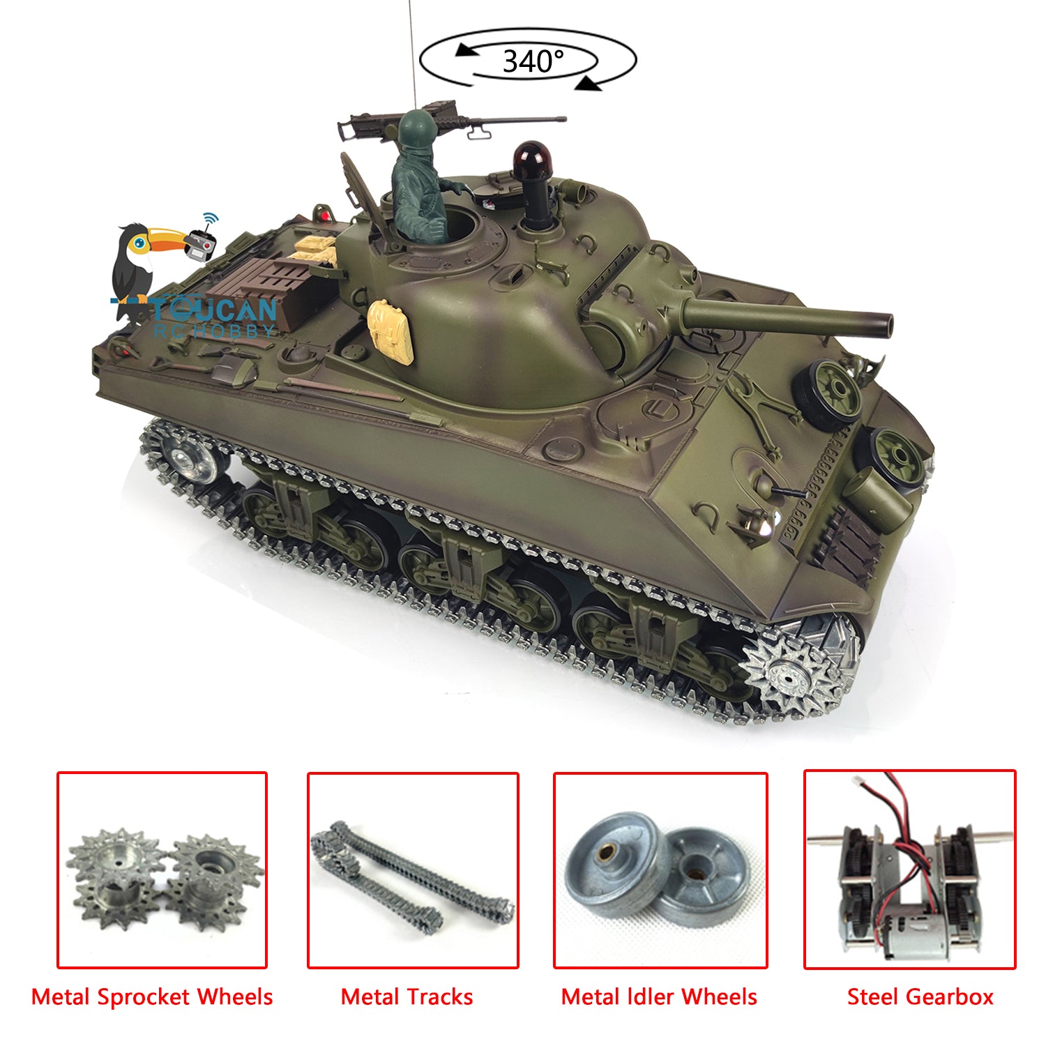 2.4G 1/16 Scale Henglong M4A3 Sherman RTR RC Tank with Metal Tracks, Engine Sound & BB Shooting - Upgraded 7.0 Version for Military Enthusiasts and Collectors | Perfect for Outdoor Battles, Display Collections and RC Hobby Fun