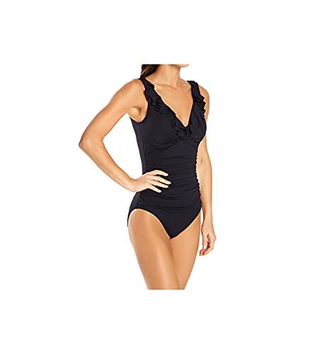 Lauren Ralph Lauren Women's Solid Ruffle Surplice One-Piece Swimsuit | Beach Club Collection | Perfect for Pool, Vacation & Summer Getaways