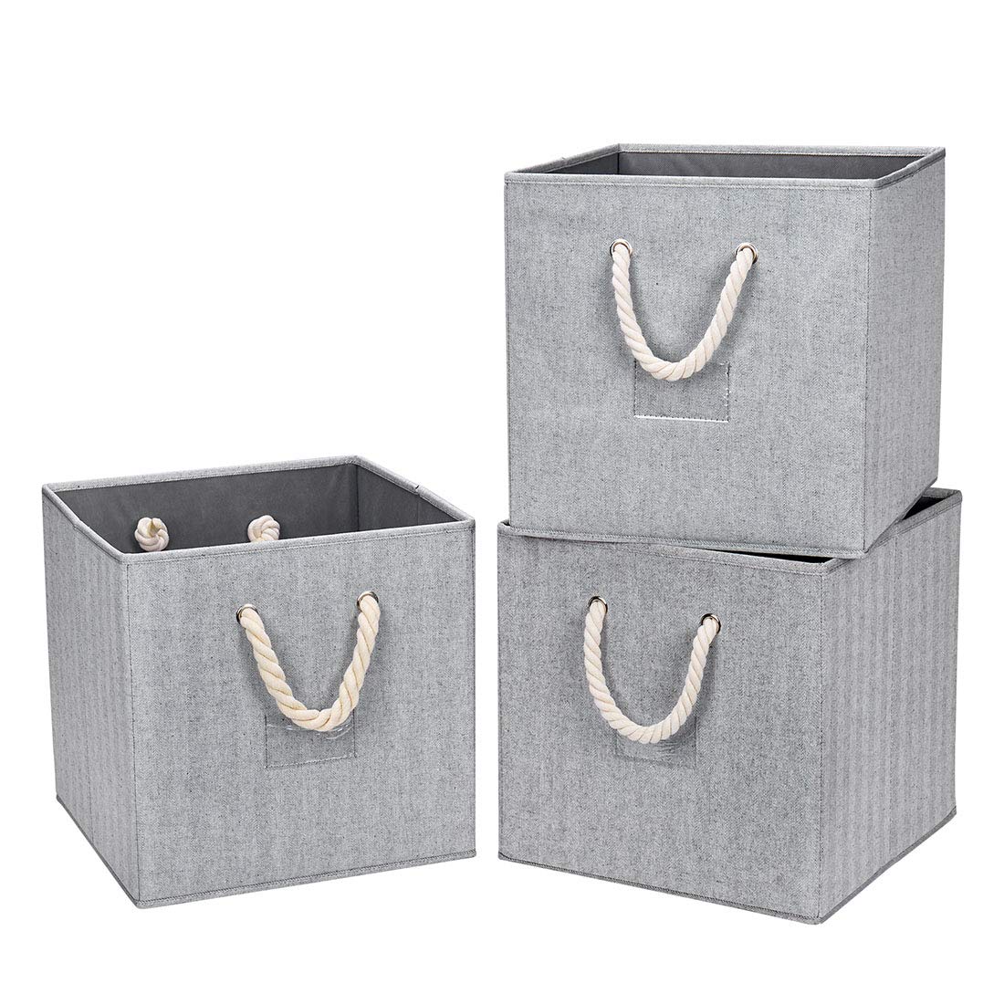 Foldable Cube Storage Bins 3-Pack - 13x13x13 Inch Collapsible Organizer Bins with Cotton Rope Handles for Closet, Home & Office Organization - Space Saving Grey Fabric Baskets (Perfect for Toys, Books, Blankets & Wardrobe Storage)