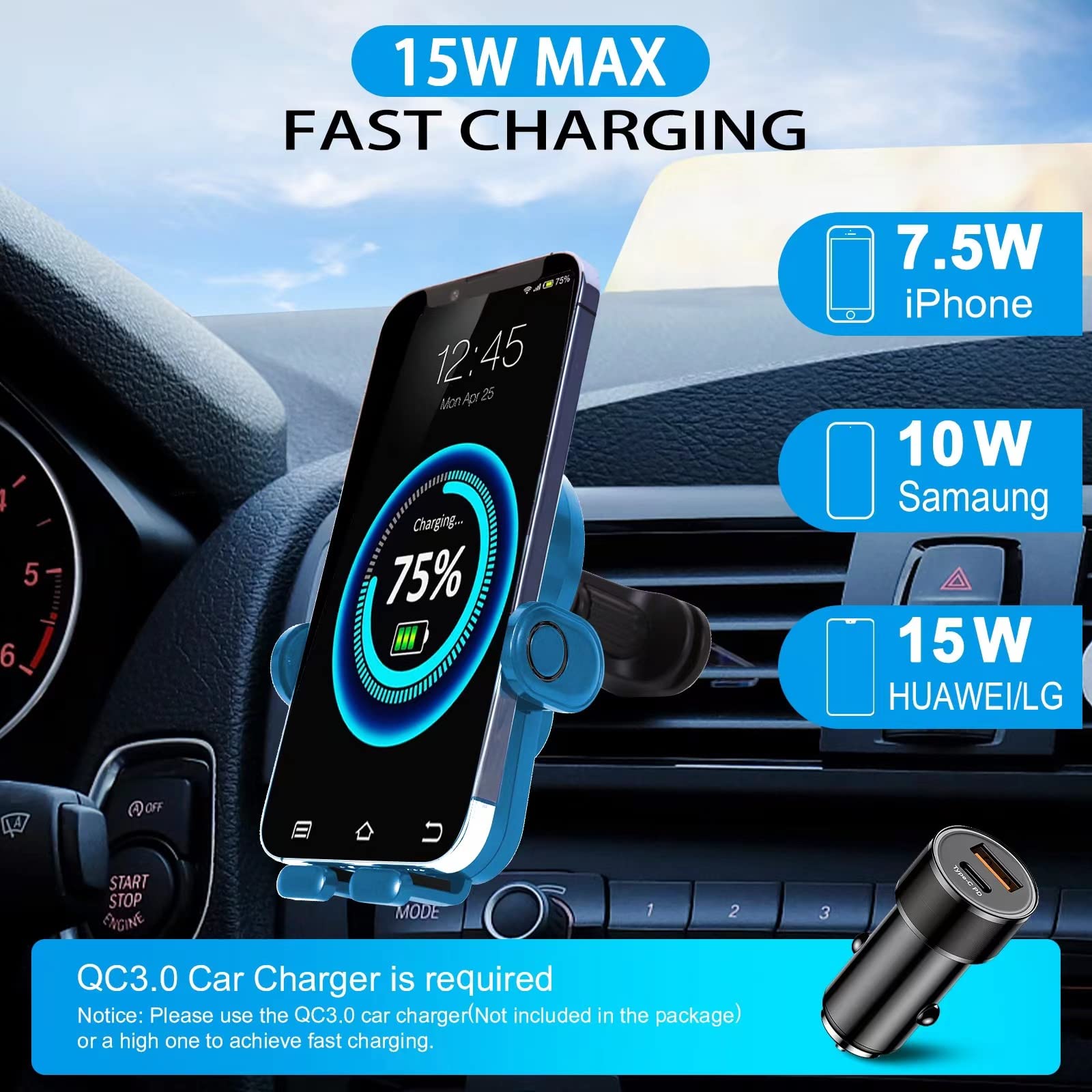 Upgraded 15W Qi Fast Wireless Car Charger Mount - Auto Clamping Phone Holder for iPhone 13/12/11/XS/XR/8, Samsung S22/S21/S20/Note 20 - Air Vent Phone Mount with Fast Charging (Blue) | Perfect for Commuting, Road Trips & Hands-Free Driving