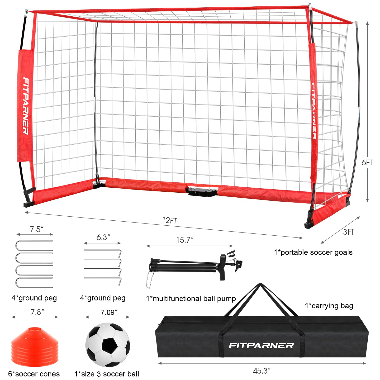 8x6ft & 12x6ft Portable Soccer Goals for Backyard Training - Collapsible Metal Frame with Net, Includes 1 Goal + Soccer Ball + 6 Cones + Ball Pump + Carry Bag - Perfect for Youth Practice, Backyard Games & Team Drills