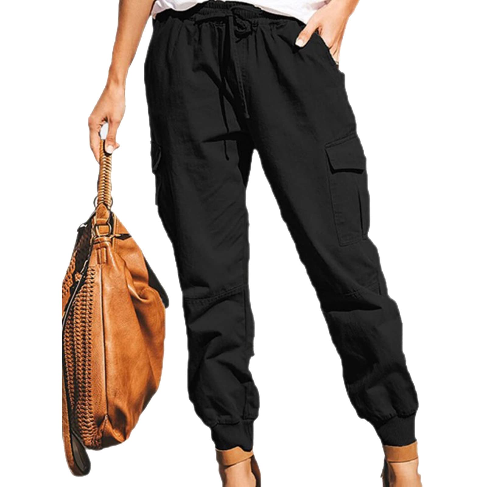 Women's High Waisted Cargo Pants - Straight Leg Cinch Bottom Chino Sweatpants with Pockets | Casual Workout & Lounge Wear for Everyday Comfort