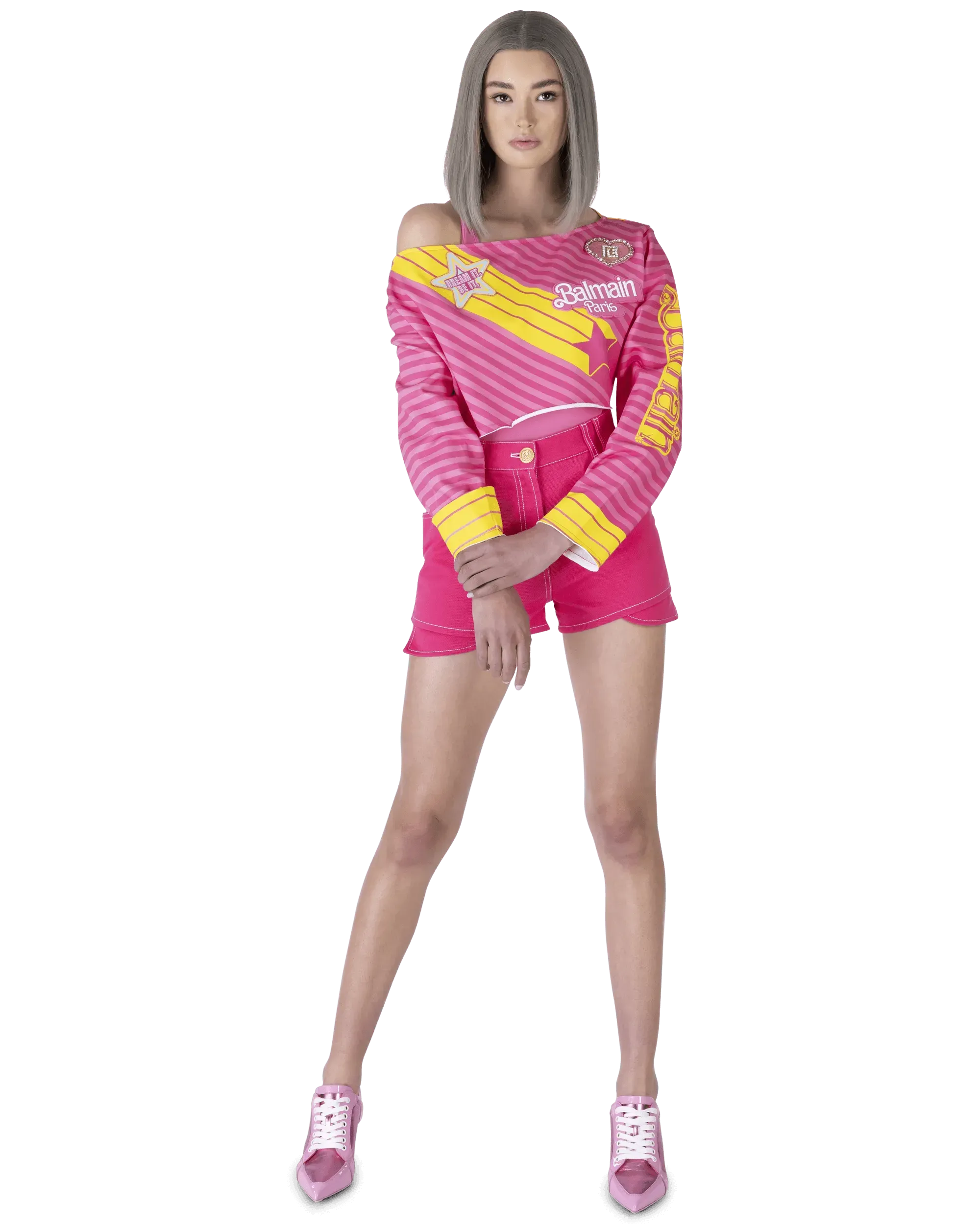 Balmain X Barbie Off Shoulder Crop Top - Women's Fashion Tops for Summer, Parties & Casual Wear