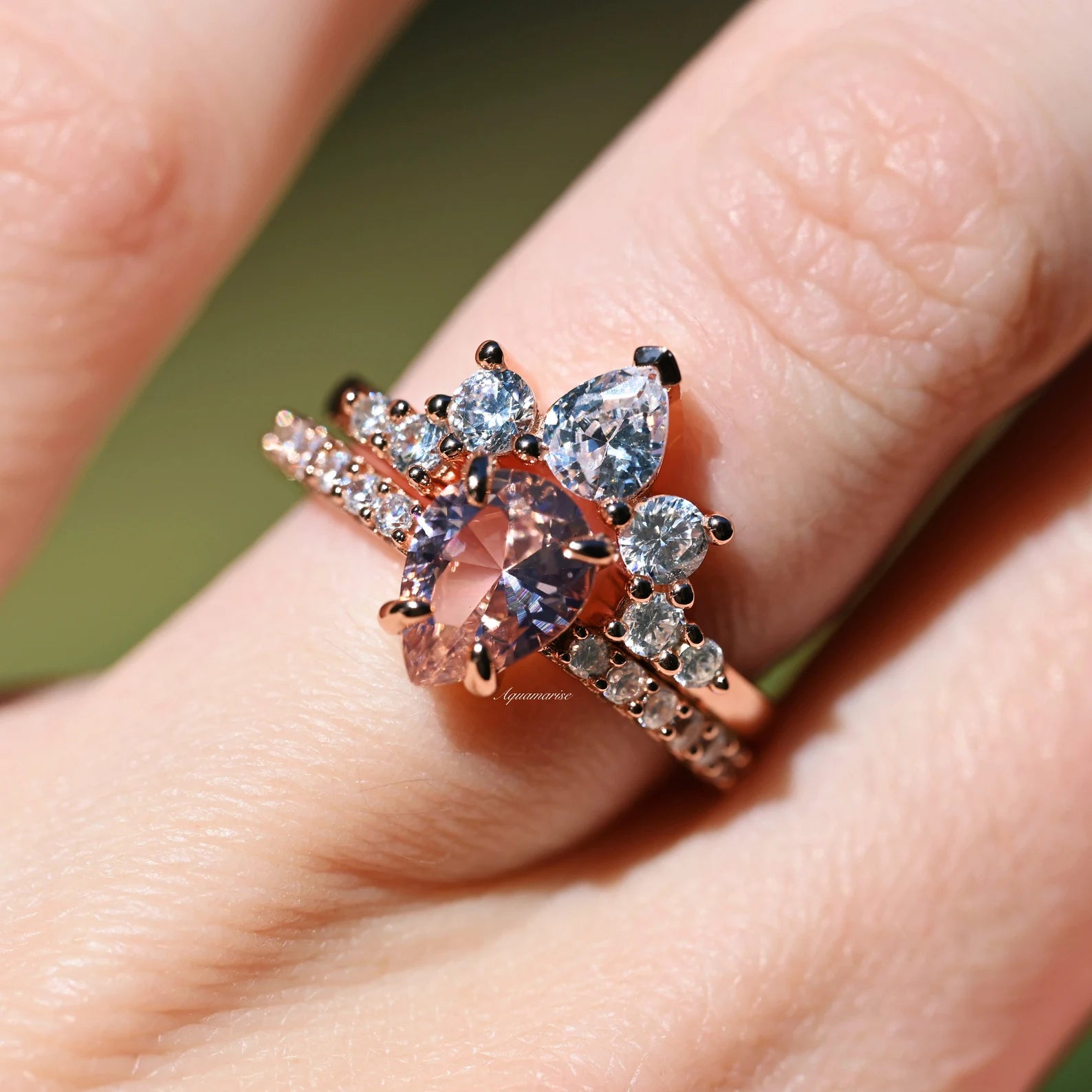 14K Rose Gold Vermeil Teardrop Morganite Ring Set - Elegant Stackable Rings for Women, Perfect for Weddings, Anniversaries & Special Occasions