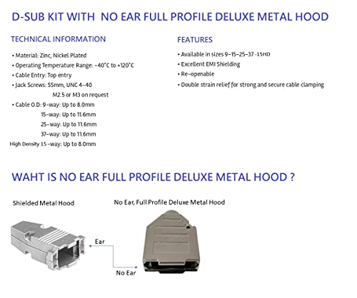 Premium DB25 Female Crimp Kit - No Ear, Full Profile, Deluxe Metal Hood Connector for Industrial Equipment & Network Cables (Great for Server Racks, Data Centers & Audio/Video Installations)