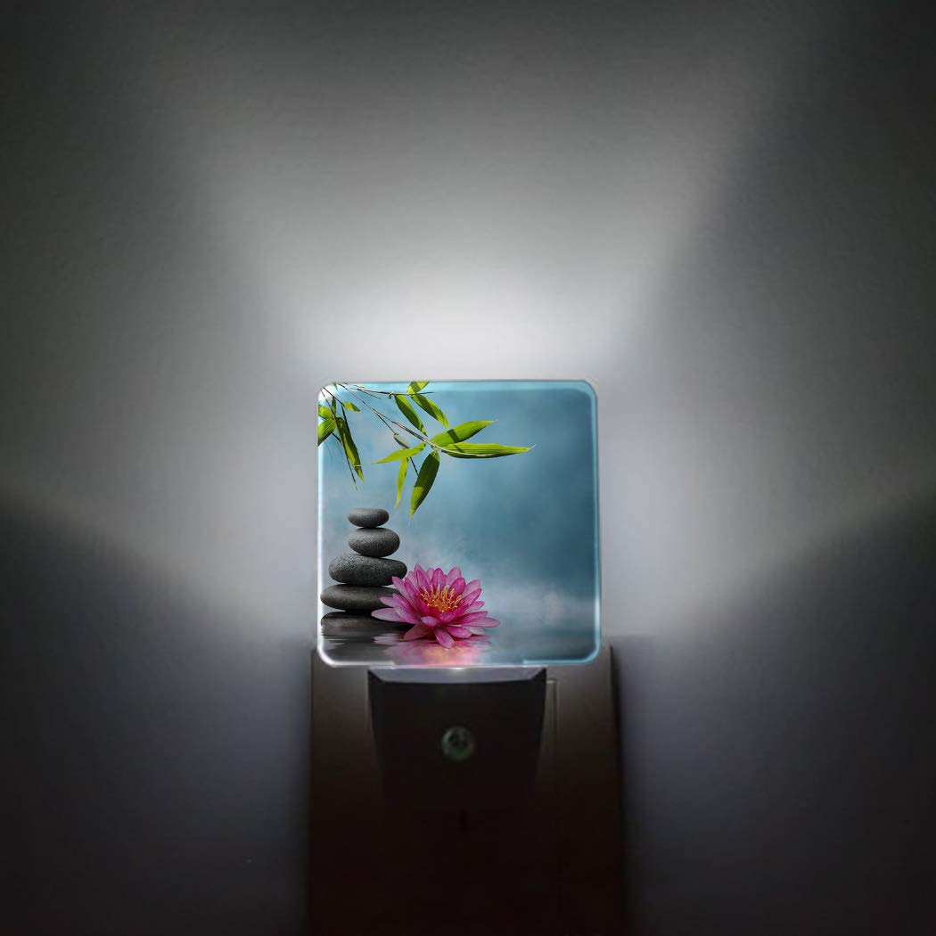 **LED Night Light Plug in with Auto Sensor - Japanese Zen Garden Bamboo Stone Lotus Design, Square Dim Light for Bathroom, Bedroom, Hallway - Perfect for Kids, Girls & Home Decor (Use in Nursery, Stairs, Closet, or as a Gentle Nightlight)**