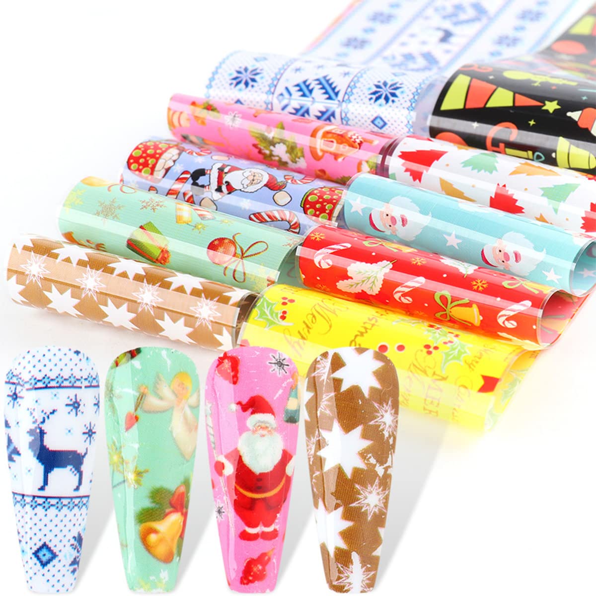 Christmas Nail Foil Transfers Stickers - 10 Sheets Colorful Nail Wraps with Snowflake, Snowmen, Santa & Reindeer Designs for DIY Nail Art | Perfect for Holiday Parties, Gift Giving & Winter Nail Decoration