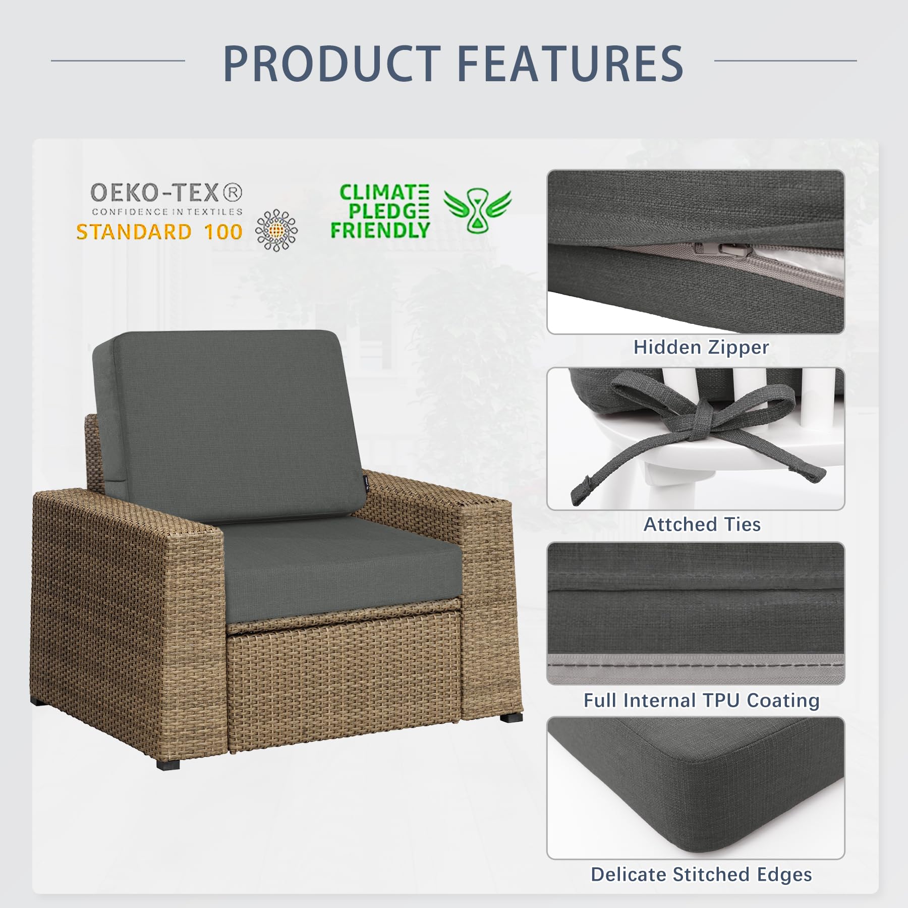Favoyard 22x22 Inch Outdoor Deep Seat Cushion Set - Waterproof & Fade Resistant Patio Furniture Cushions with Removable Covers for Chair, Sofa, Couch - Perfect for Backyard, Deck, Poolside & Garden (Dark Grey)