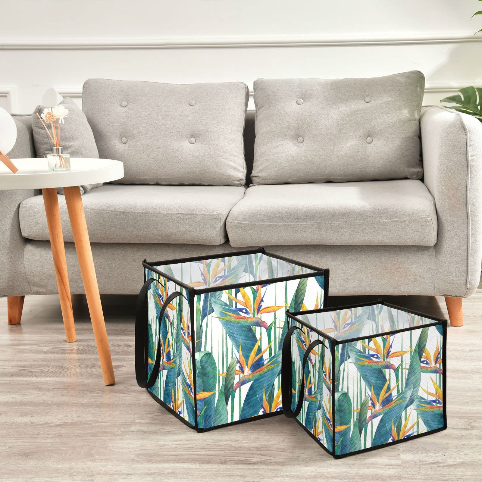 Exotic Green Leaves & Orange Flowers Collapsible Fabric Storage Bins - 13x13x13 Inch Square Toy Organizer with Handles for Nursery, Shelves & Closet - Perfect for Kids' Room Organization & Home Decor Storage Solutions