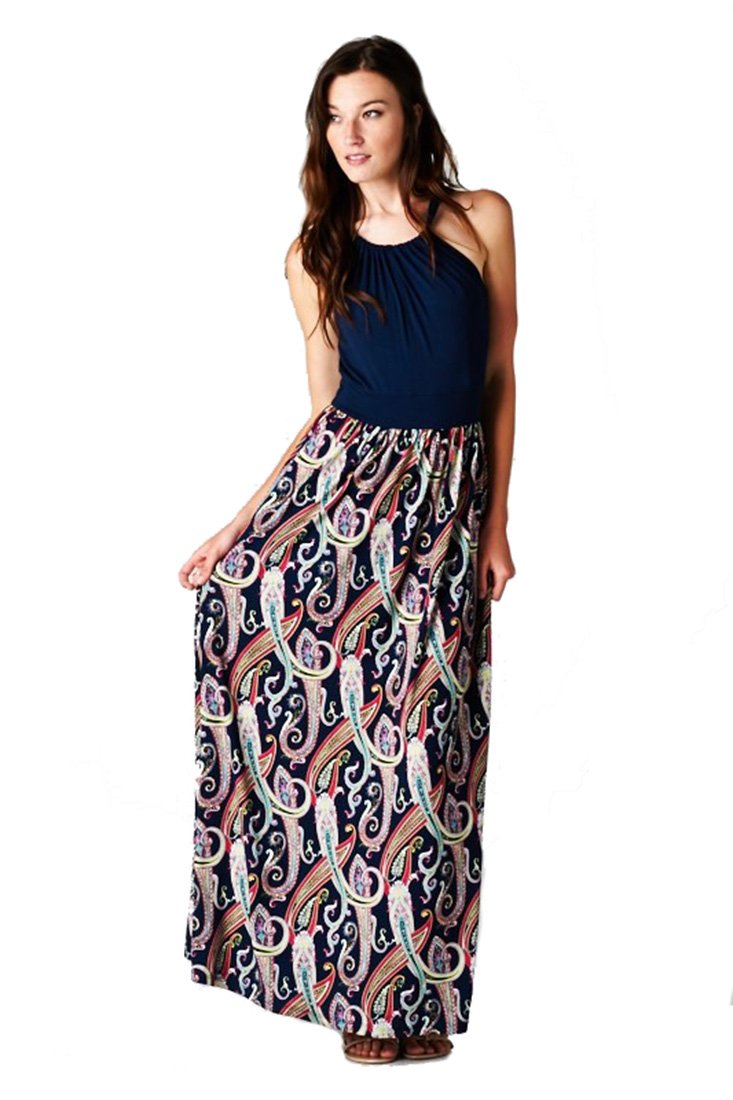 Stylish Multi-Color Paisley Floral Print Sleeveless Halter Maxi Dress for Women | Summer Beach Party, Vacation, Boho Chic Outfit