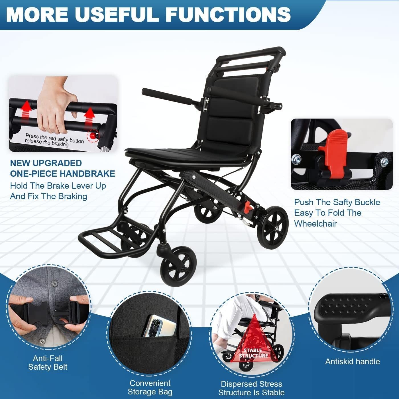 Ultra Lightweight Transport Wheelchair (Only 15lbs) - Foldable & Telescopic Handle Wheelchair for Adults & Seniors with 220lbs Capacity - Perfect for Travel, Airports, Hospitals & Daily Mobility Assistance